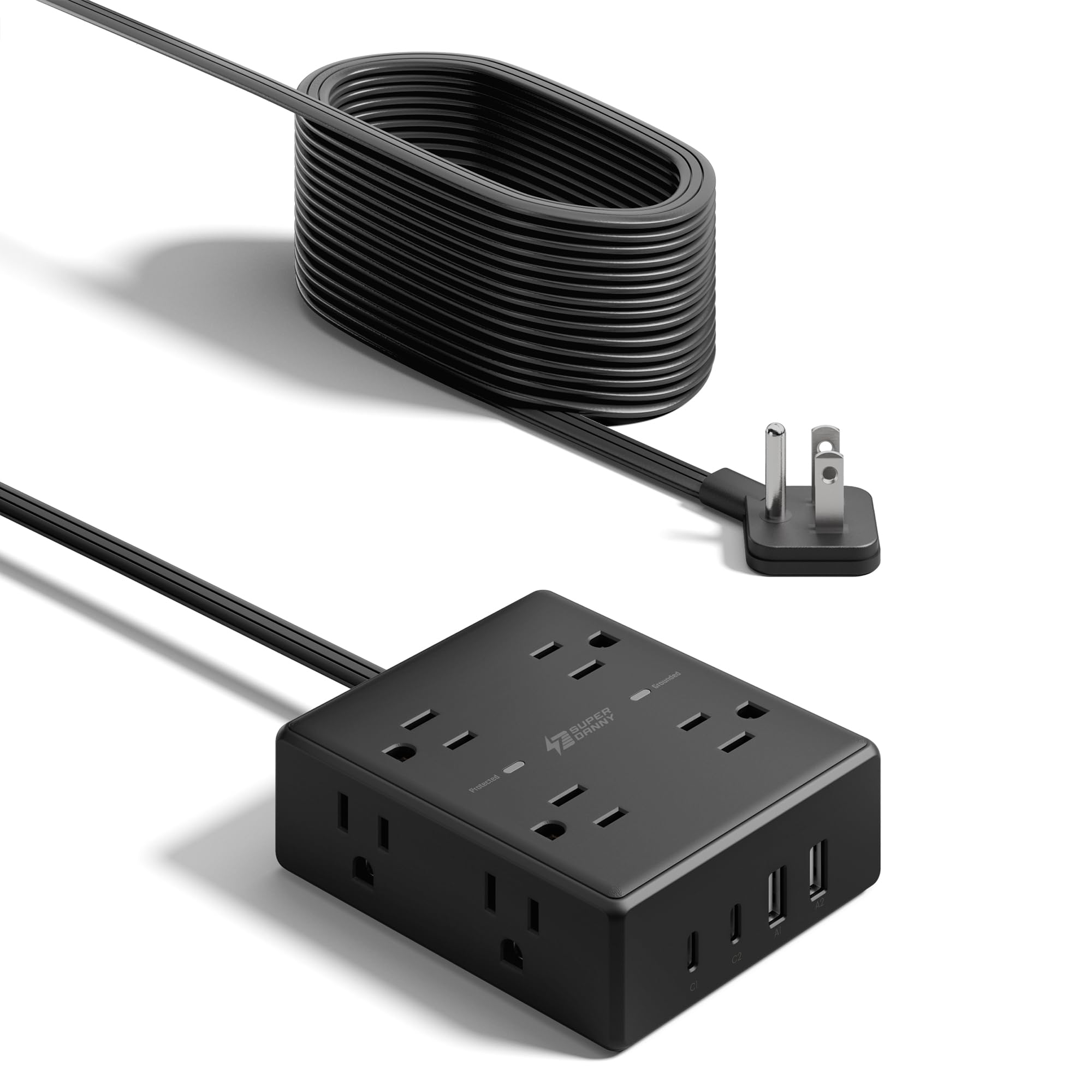 10Ft Extension Cord with Multiple Outlets, Flat Plug Surge Protector Power Strip 10 Ft Long Cord, 8 Outlets & 4 USB Ports (2 USB C), Desk Charging Station for Home Office, College Dorm Room Essentials