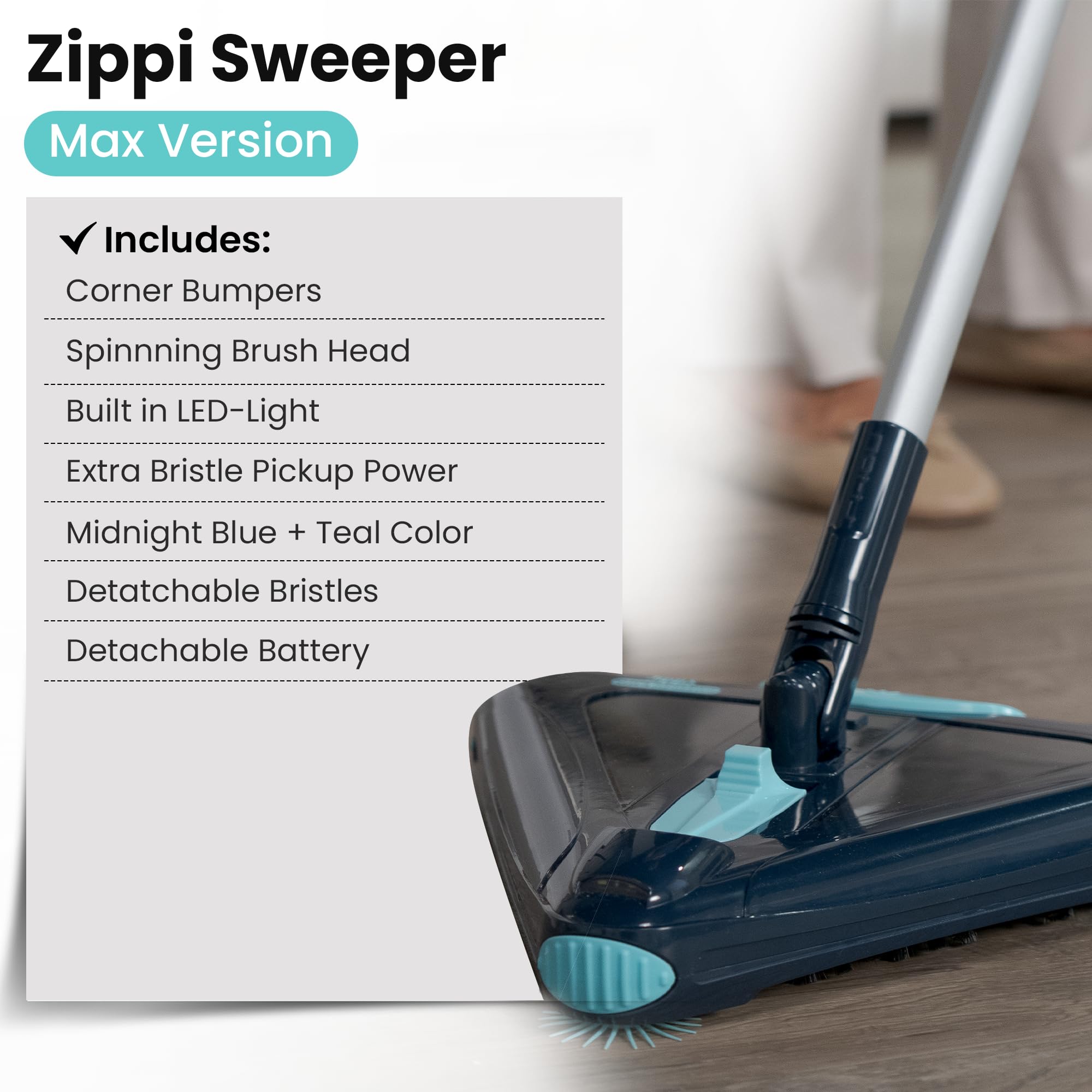 Zippi Sweeper Standard - 2025 New and Improved Lightweight Sweeper, Perfect for Short Carpet Hardwood and Tile, Triangular Design Allows for Sweeping in Corners, 30 Minutes Cleaning Time