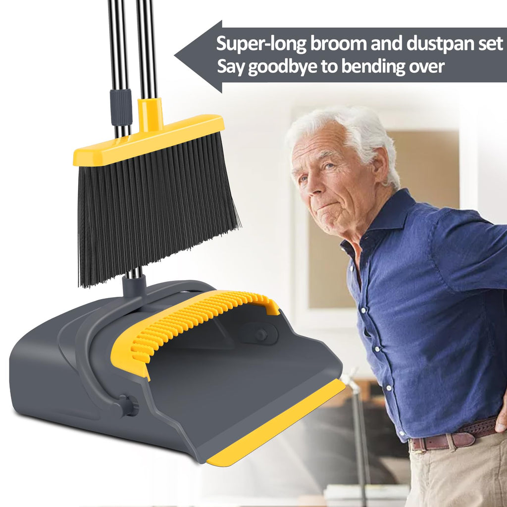 Upgrade Broom and Dustpan Set, Self-Cleaning with Dustpan Teeth, Indoor&Outdoor Sweeping, Ideal for Dog Cat Pets Home Use, Stand Up Broom and Dustpan (Gray&Orange)