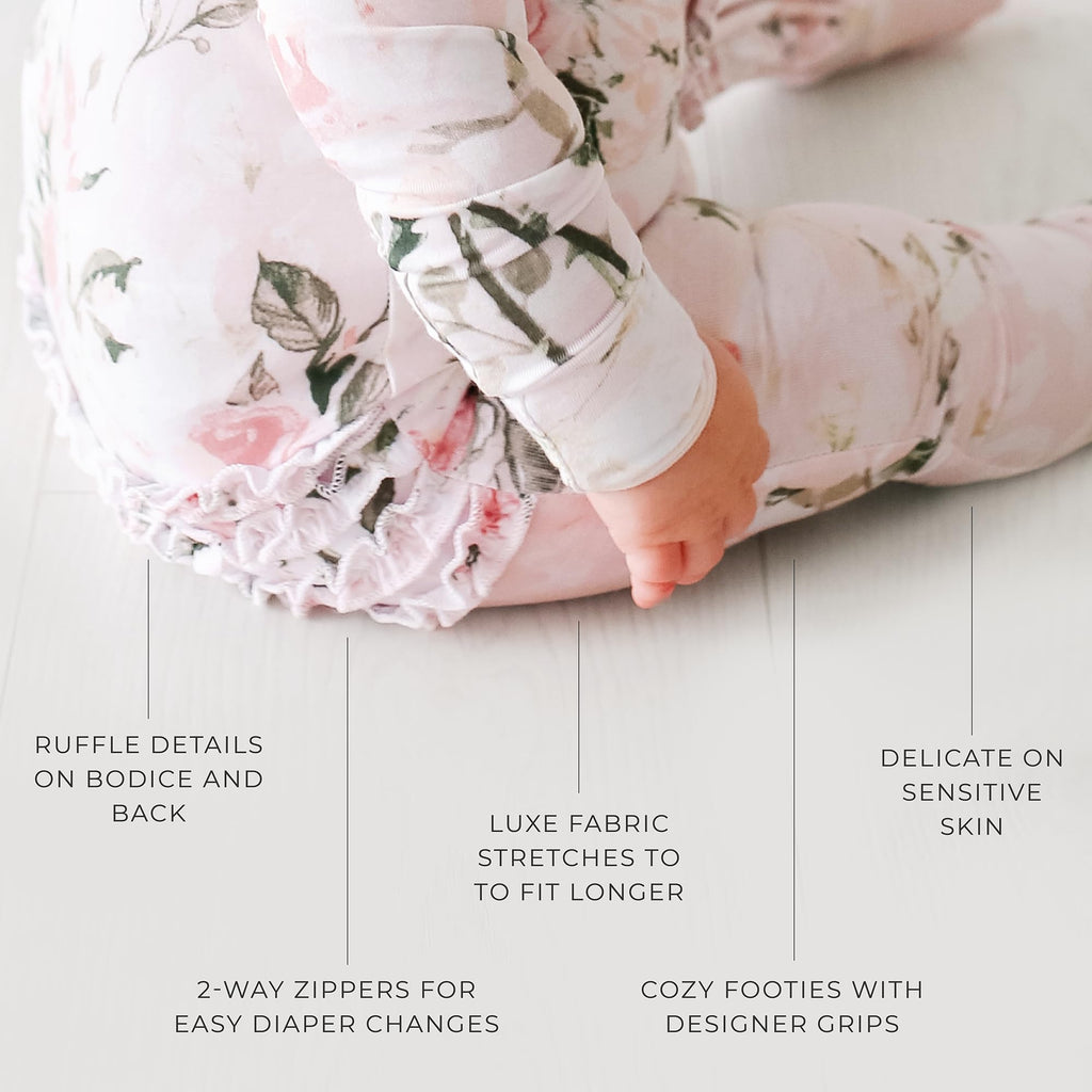 Posh Peanut Footie Pajamas for Baby Girls – Sleepers in Ultra-Soft Viscose from Bamboo with 2-Way Zipper & Ruffle Trim
