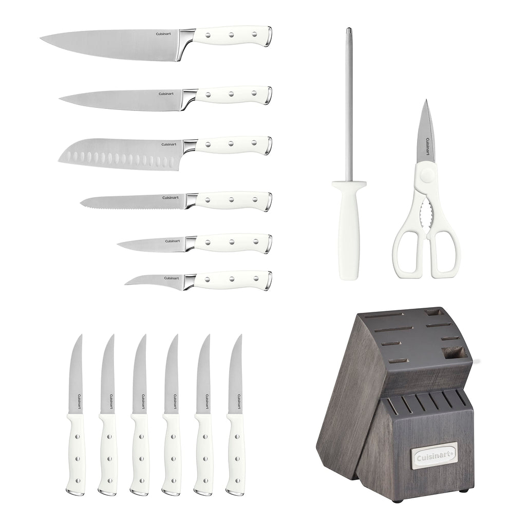 Cuisinart 15-Piece Knife Set with Block, High Carbon Stainless Steel, Forged Triple Rivet, White, C77WTR-15P