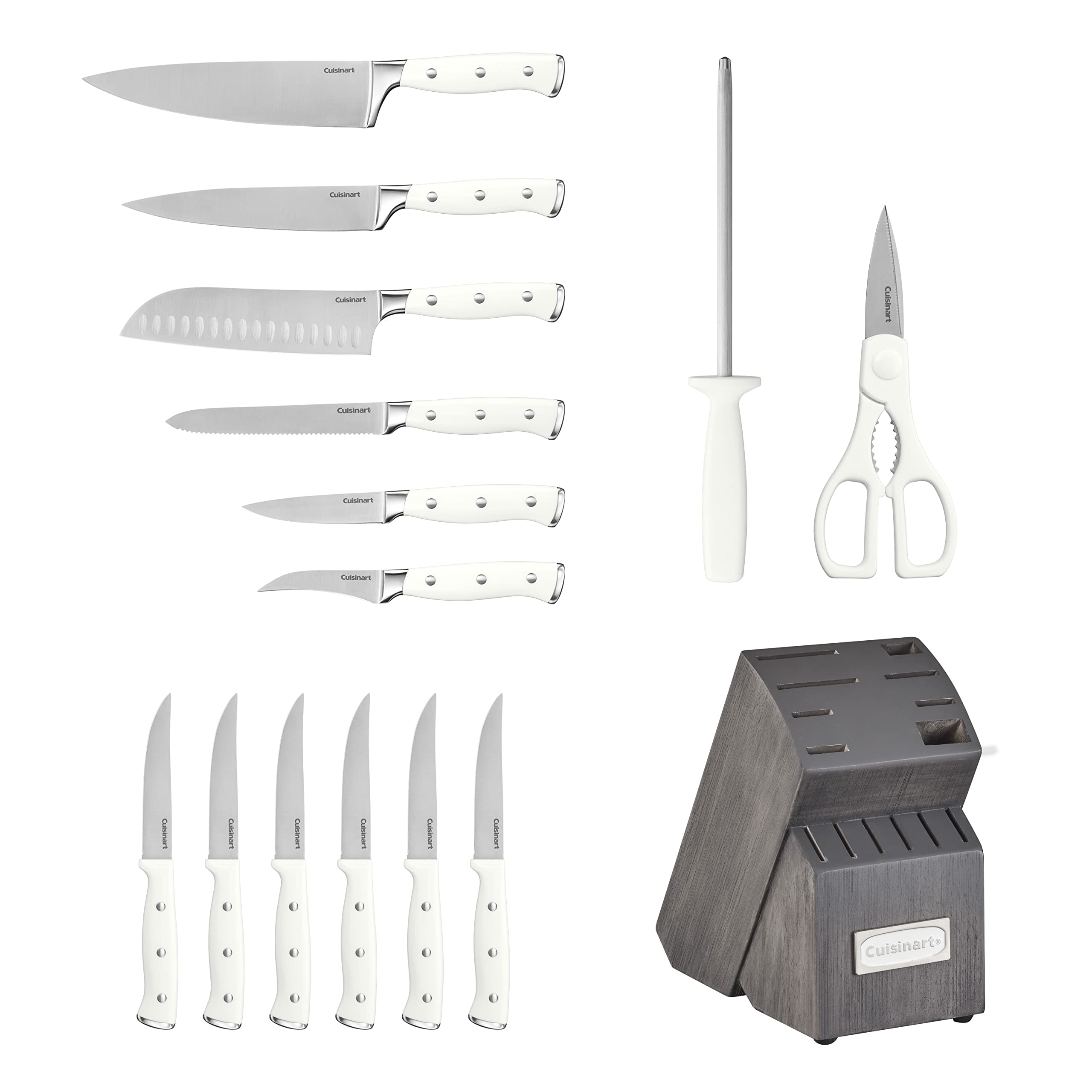 Cuisinart 15-Piece Knife Set with Block, High Carbon Stainless Steel, Forged Triple Rivet, White, C77WTR-15P