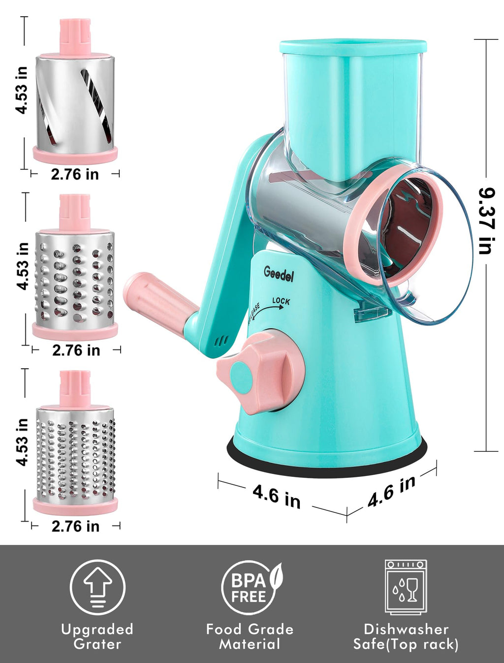 Geedel Rotary Cheese Grater, Kitchen Mandoline Vegetable Slicer with 3 Interchangeable Blades, Easy to Clean Grater for Fruit, Vegetables, Nuts