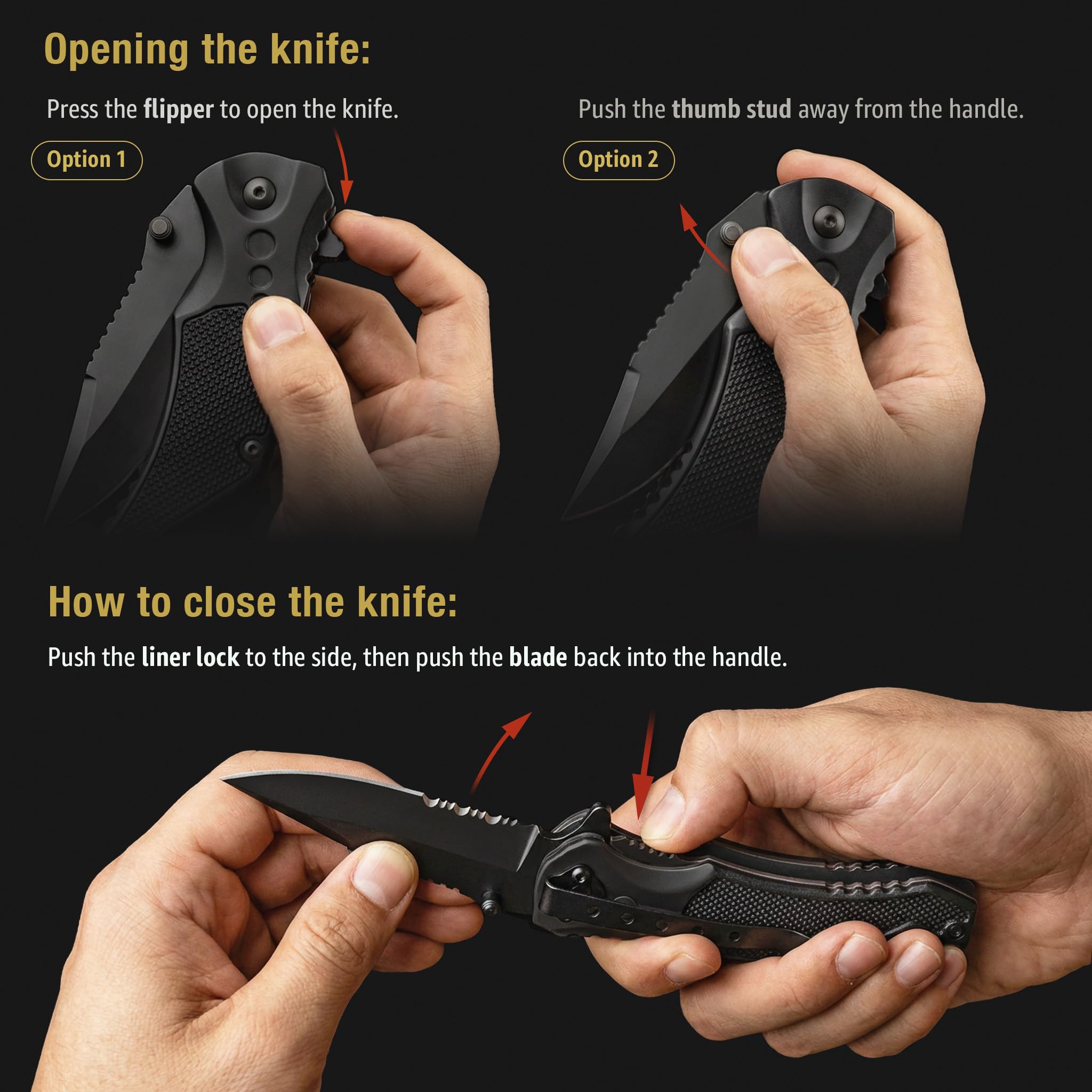 GOOD WORKER Legal Pocket Knife with 2.95” Serrated Blade, Glass Breaker, Seat Belt Cutter - EDC Sharp Folding Knives with Portable Clip - Small Tool for Tactical Camping Survival Hiking - Gifts for Men, Women