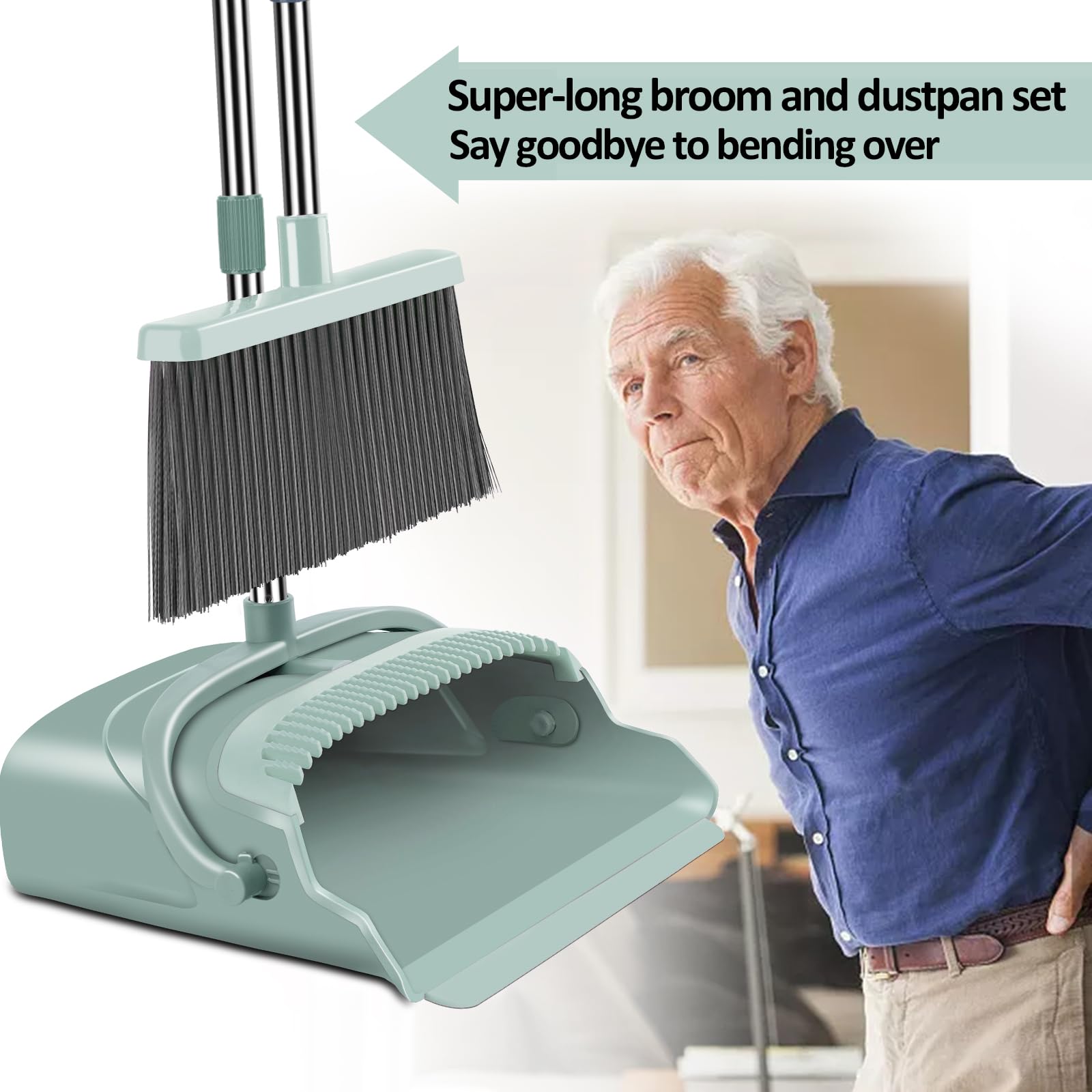 Upgrade Broom and Dustpan Set, Self-Cleaning with Dustpan Teeth, Indoor&Outdoor Sweeping, Ideal for Dog Cat Pets Home Use, Stand Up Broom and Dustpan (Gray&Orange)