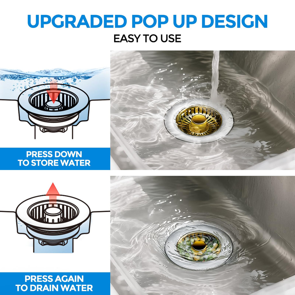 Sink Drain Strainer - Sink Stopper Kitchen Drain, 3 in 1 Kitchen Sink Drain Strainer with Anti-Clogging Basket, Kitchen Gadgets Clearance Sink Accessories, Fit US Standard 3-1/2'' Sink Hole, Silver