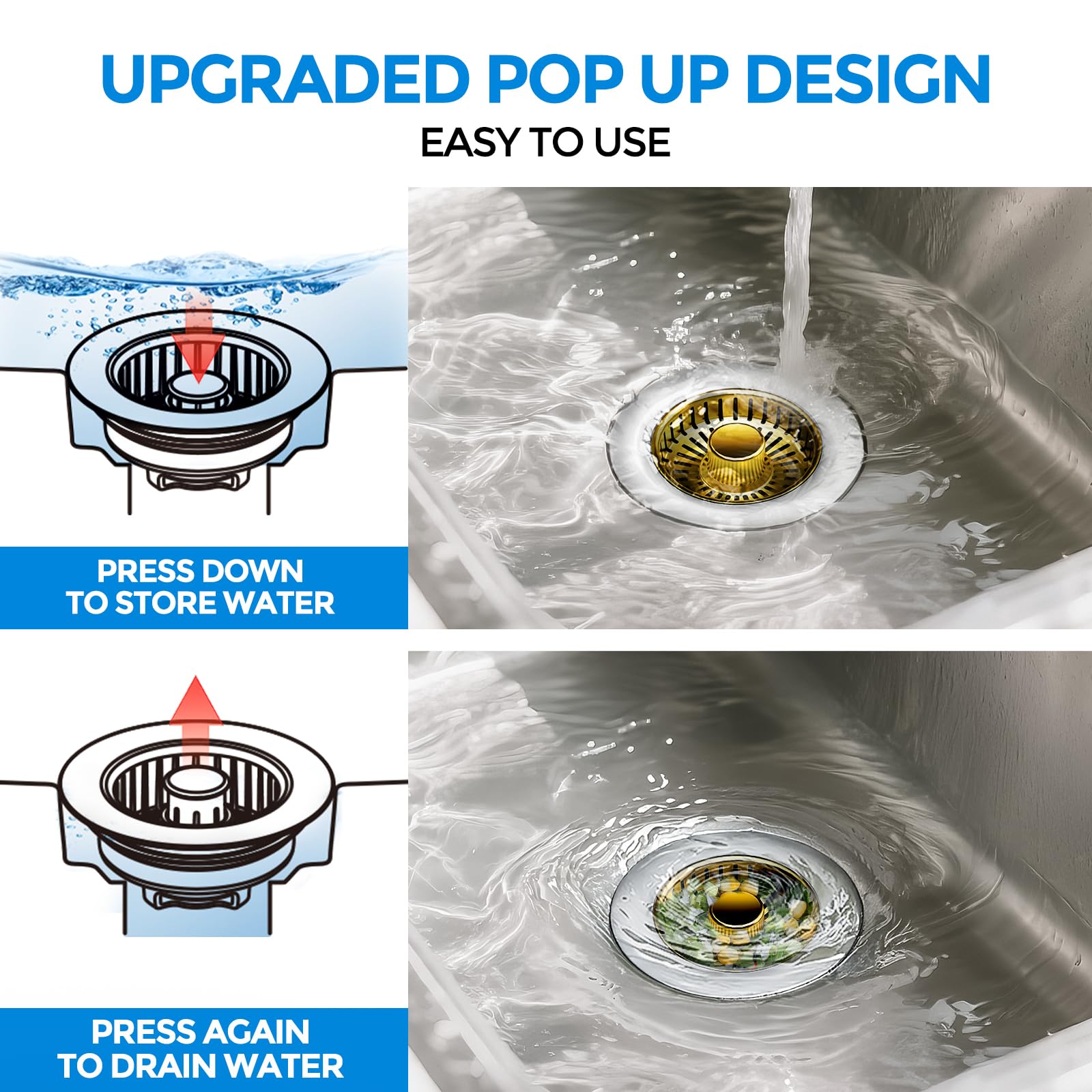 Sink Drain Strainer - Sink Stopper Kitchen Drain, 3 in 1 Kitchen Sink Drain Strainer with Anti-Clogging Basket, Kitchen Gadgets Clearance Sink Accessories, Fit US Standard 3-1/2'' Sink Hole, Silver