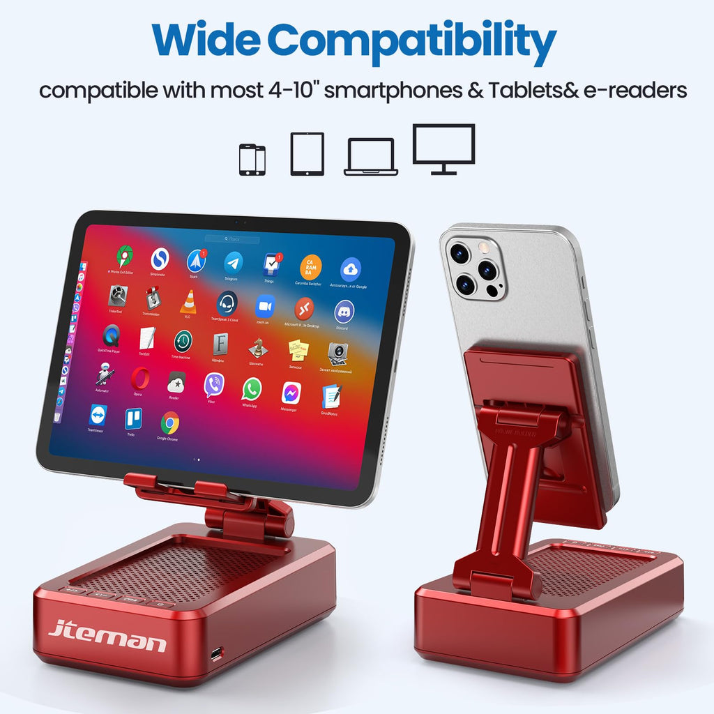 JTEMAN Cell Phone Stand with Bluetooth Speaker, HD Stereo Sound & Anti-Slip Base, Foldable Adjustable Desktop Phone Holder for Home Office, Cool Tech Gadgets Birthday Gifts for Men Women (Black)