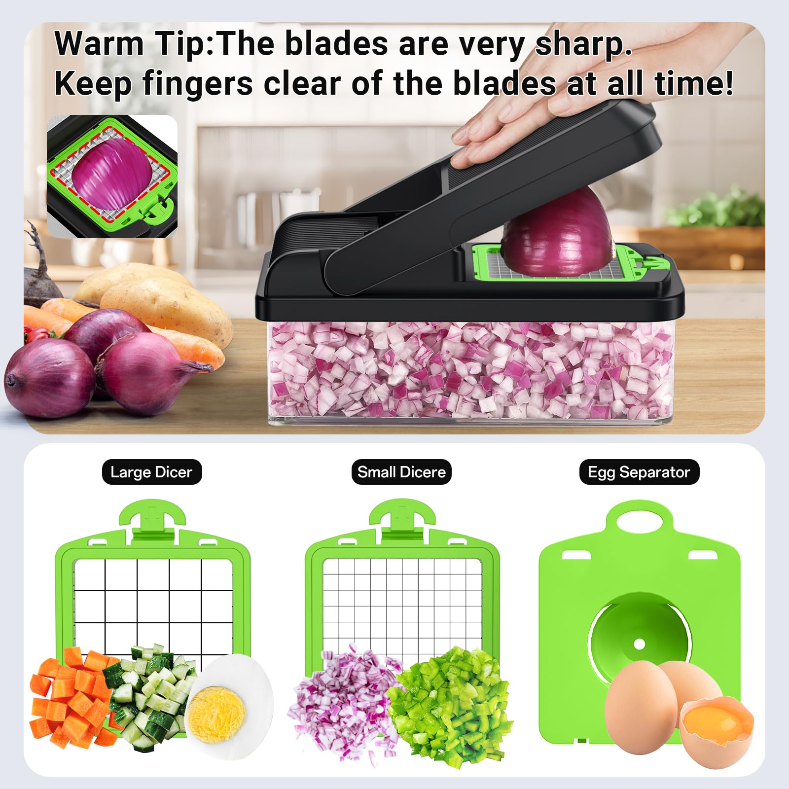SpaceHacks 12-in-1 Vegetable Chopper, Kitchen Gadgets with 7 Blades, Veggie, Food, Onion Chopper, Cucumber Slicer, Versatile Mandoline, Includes Egg Separator & Finger Guard, Gray