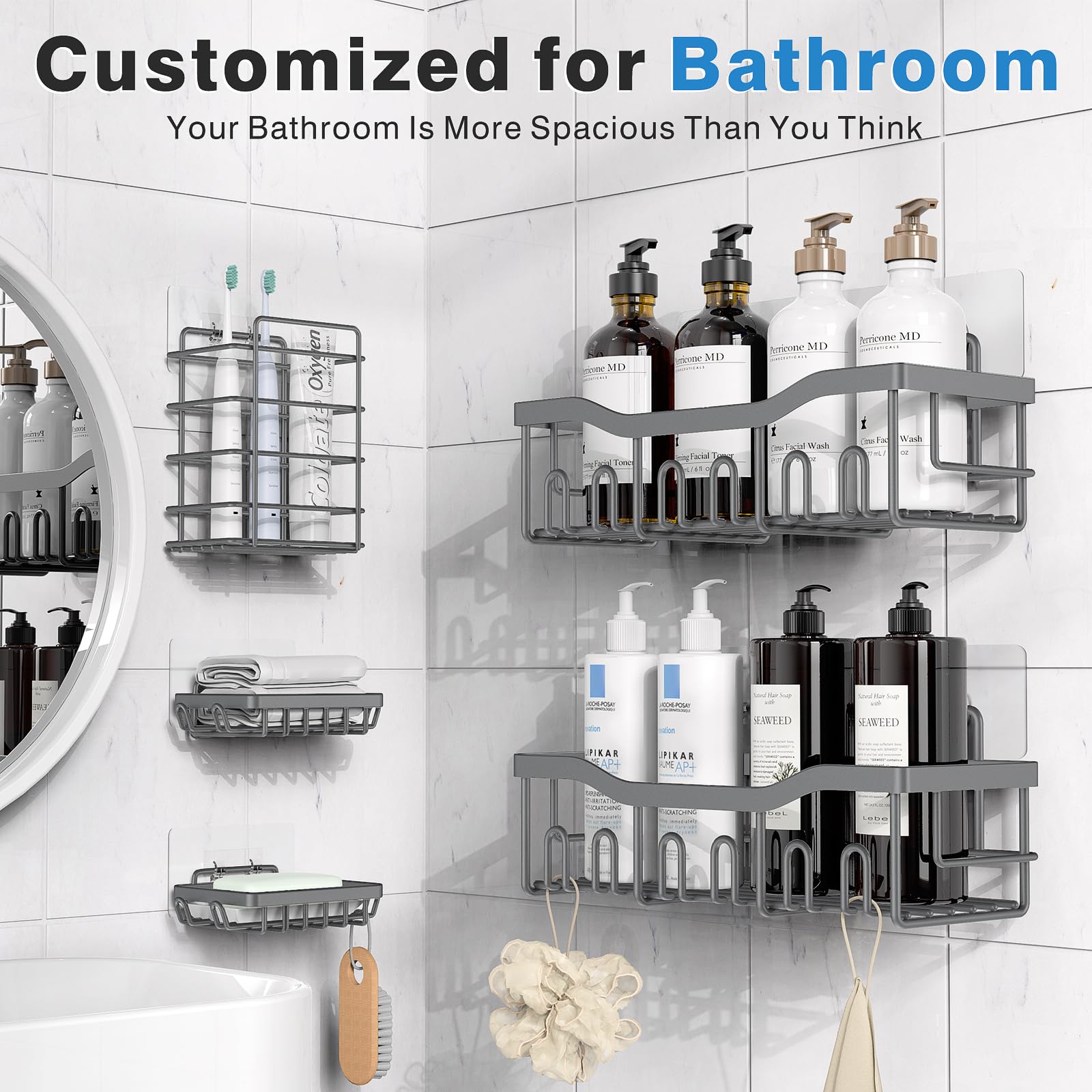 EUDELE Adhesive Shower Caddy, 5 Pack Rustproof Stainless Steel Bath Organizers With Large Capacity, No Drilling Shelves for Bathroom Storage & Home Decor