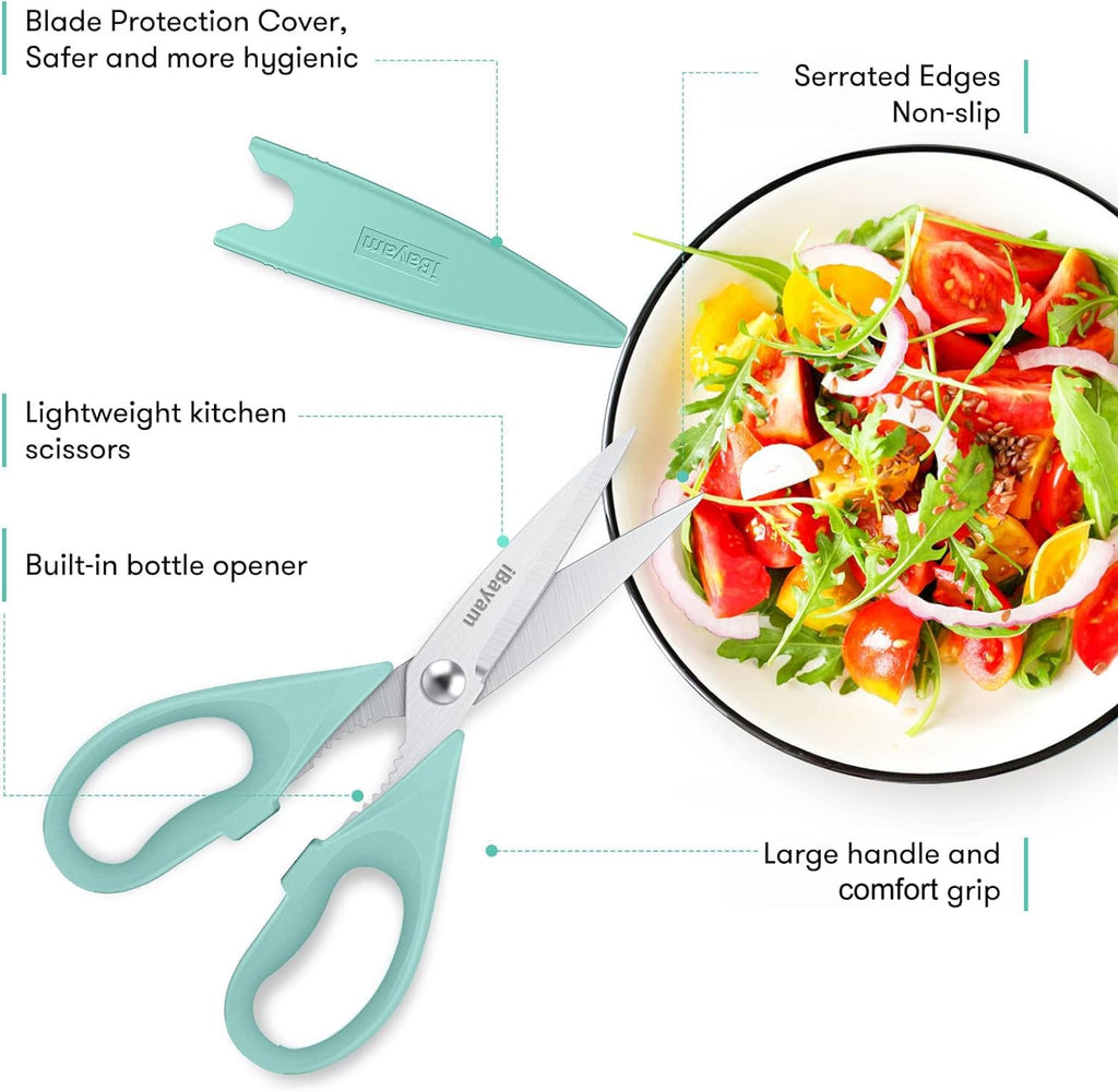 iBayam Kitchen Scissors All Purpose Heavy Duty 2 Pack with Protective Sheath, Stainless Steel Shears Kitchen Utensils Set for Cutting Food Cooking Meat Poultry Dishwasher Safe Soft Comfort-Grip