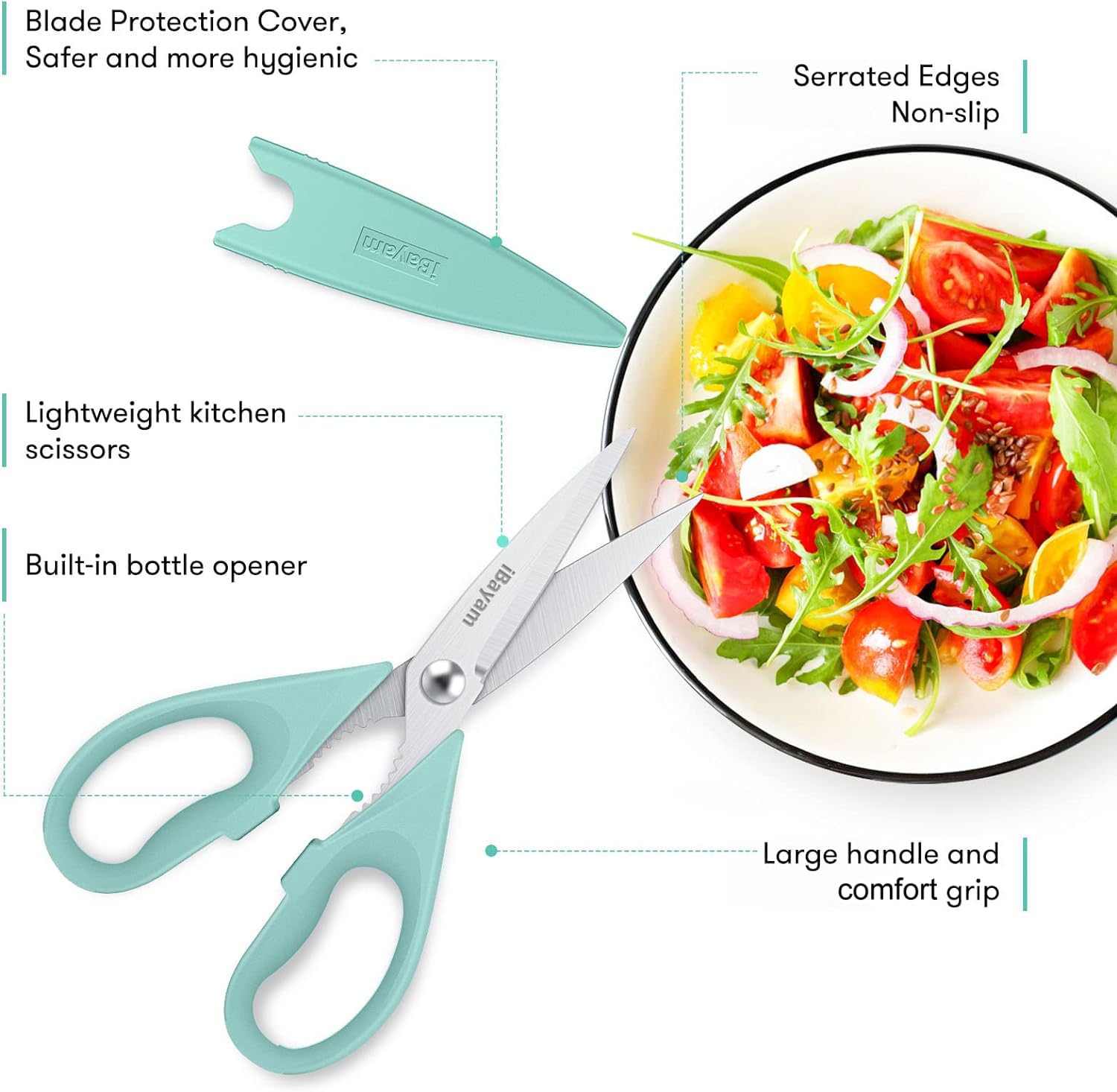 iBayam Kitchen Scissors All Purpose Heavy Duty 2 Pack with Protective Sheath, Stainless Steel Shears Kitchen Utensils Set for Cutting Food Cooking Meat Poultry Dishwasher Safe Soft Comfort-Grip