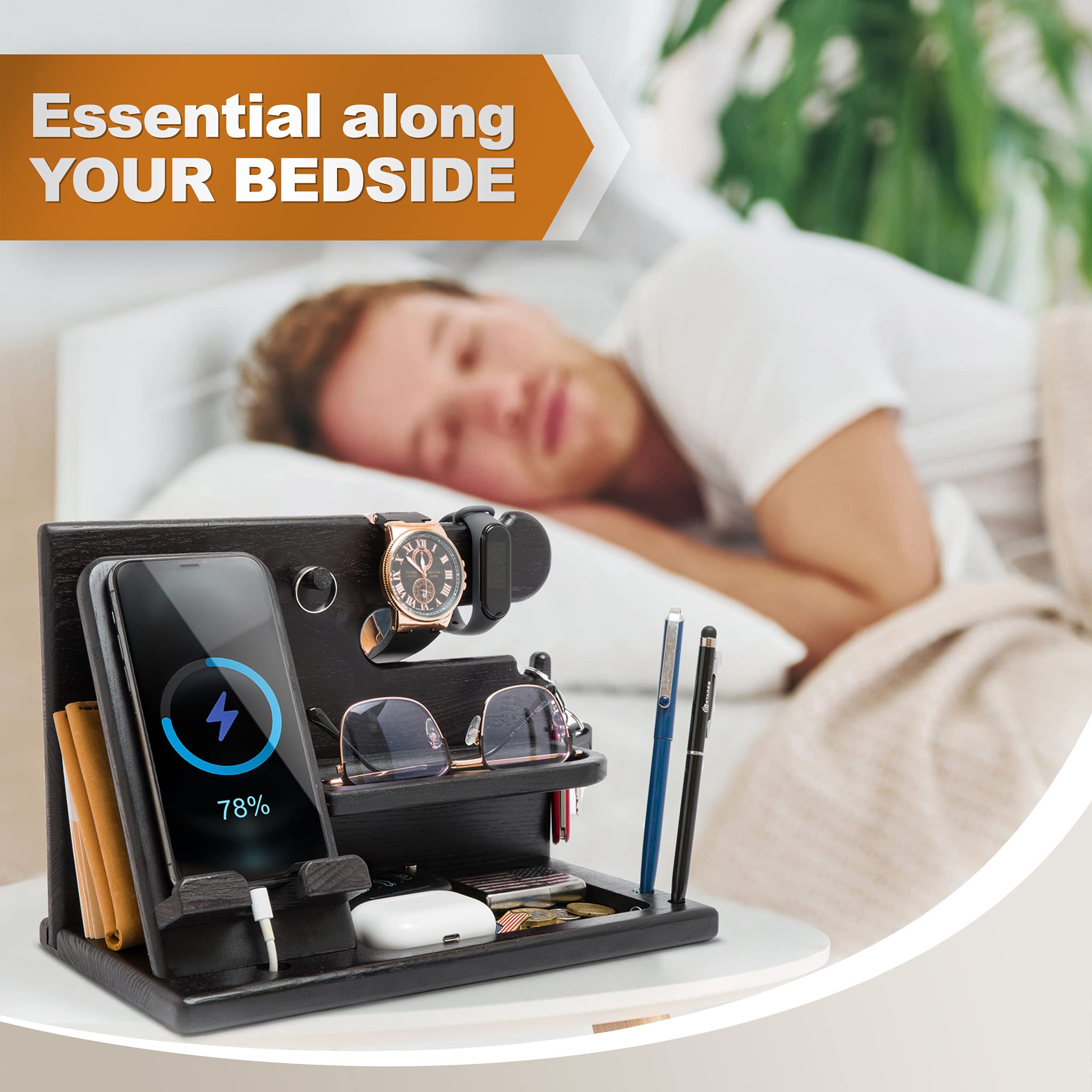 TESLYAR Wood Phone Docking Station for Men - Desk or Nightstand Organizer - Birthday Gifts for Husband, Dad - Anniversary Idea from Wife - Key Holder, Stand Wallet, Watch & Essentials (Bourbon Brown)