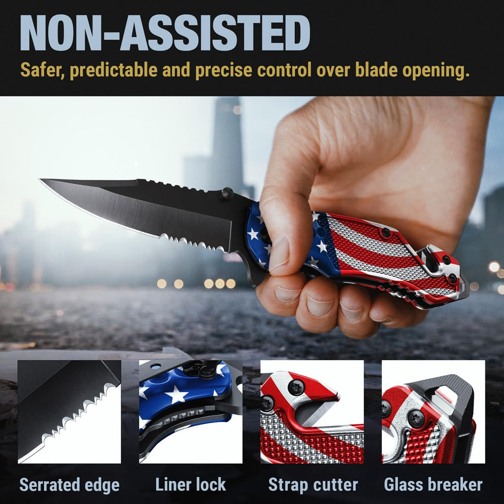 GOOD WORKER Legal Pocket Knife with 2.95” Serrated Blade, Glass Breaker, Seat Belt Cutter - EDC Sharp Folding Knives with Portable Clip - Small Tool for Tactical Camping Survival Hiking - Gifts for Men, Women