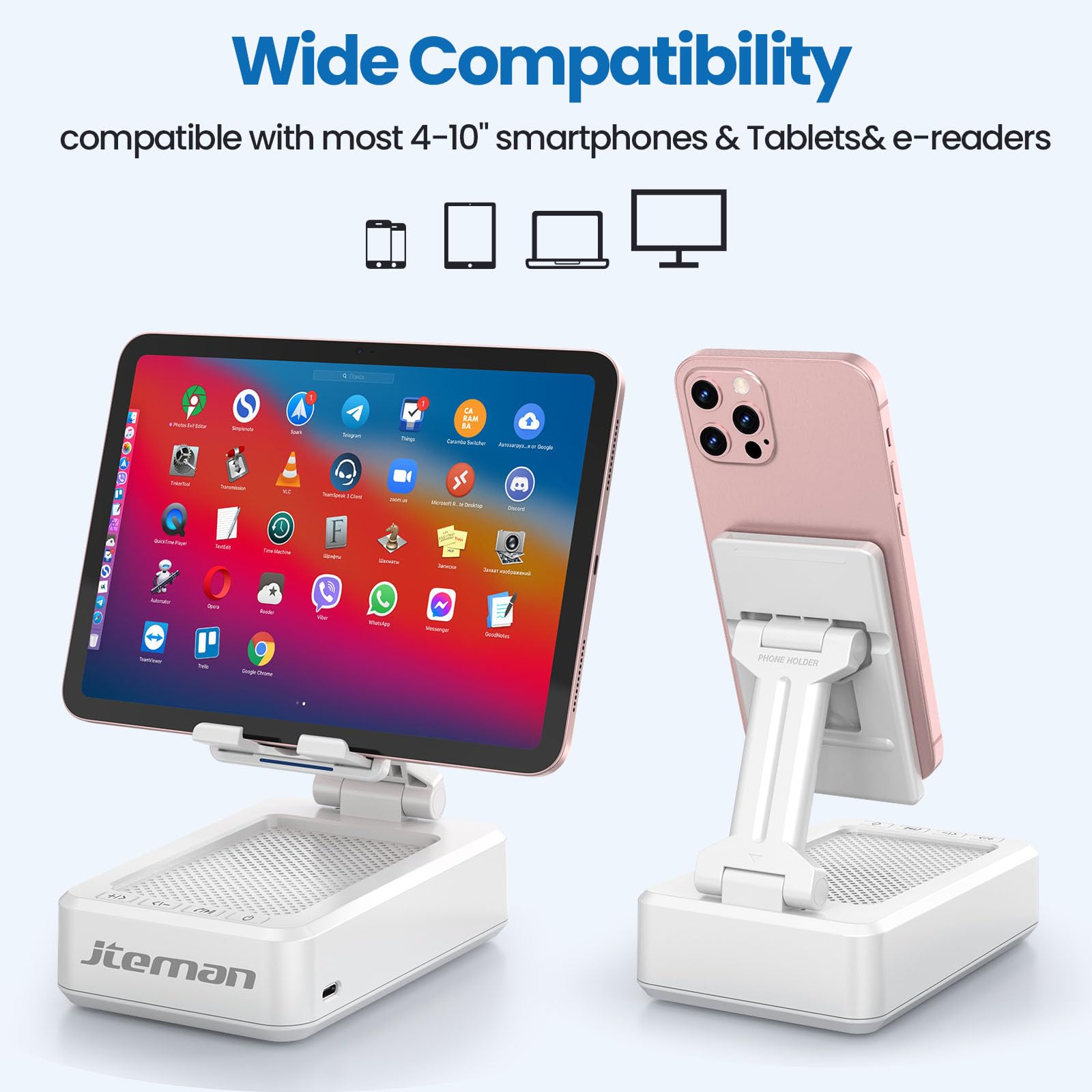 JTEMAN Cell Phone Stand with Bluetooth Speaker, HD Stereo Sound & Anti-Slip Base, Foldable Adjustable Desktop Phone Holder for Home Office, Cool Tech Gadgets Birthday Gifts for Men Women (Black)