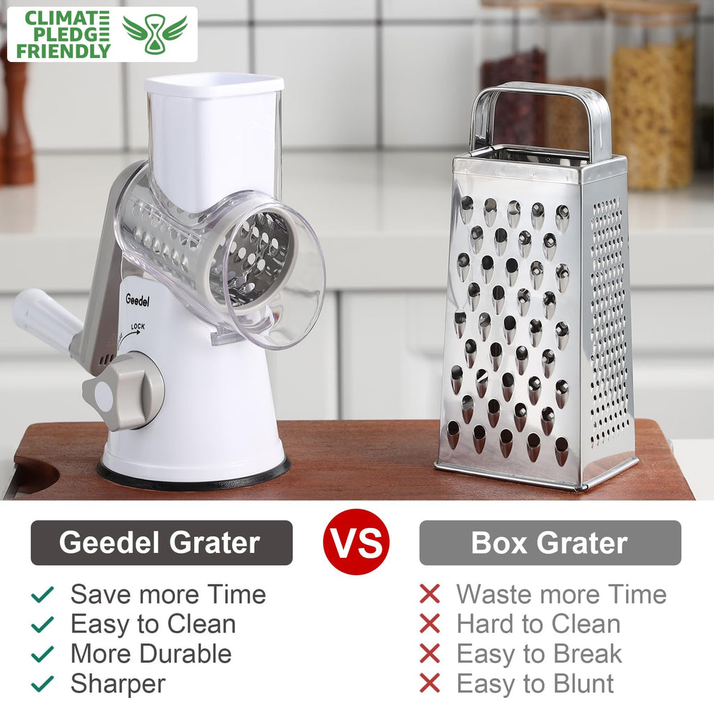 Geedel Rotary Cheese Grater, Kitchen Mandoline Vegetable Slicer with 3 Interchangeable Blades, Easy to Clean Grater for Fruit, Vegetables, Nuts