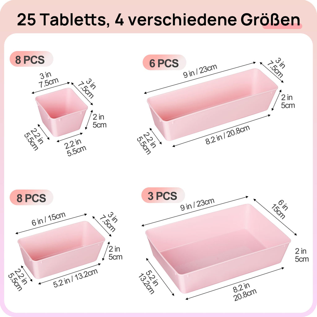 Vtopmart 25 PCS Clear Plastic Drawer Organizers Set, 4-Size Versatile Bathroom and Vanity Drawer Organizer Trays, Storage Bins for Makeup, Bedroom, Kitchen Gadgets Utensils and Office