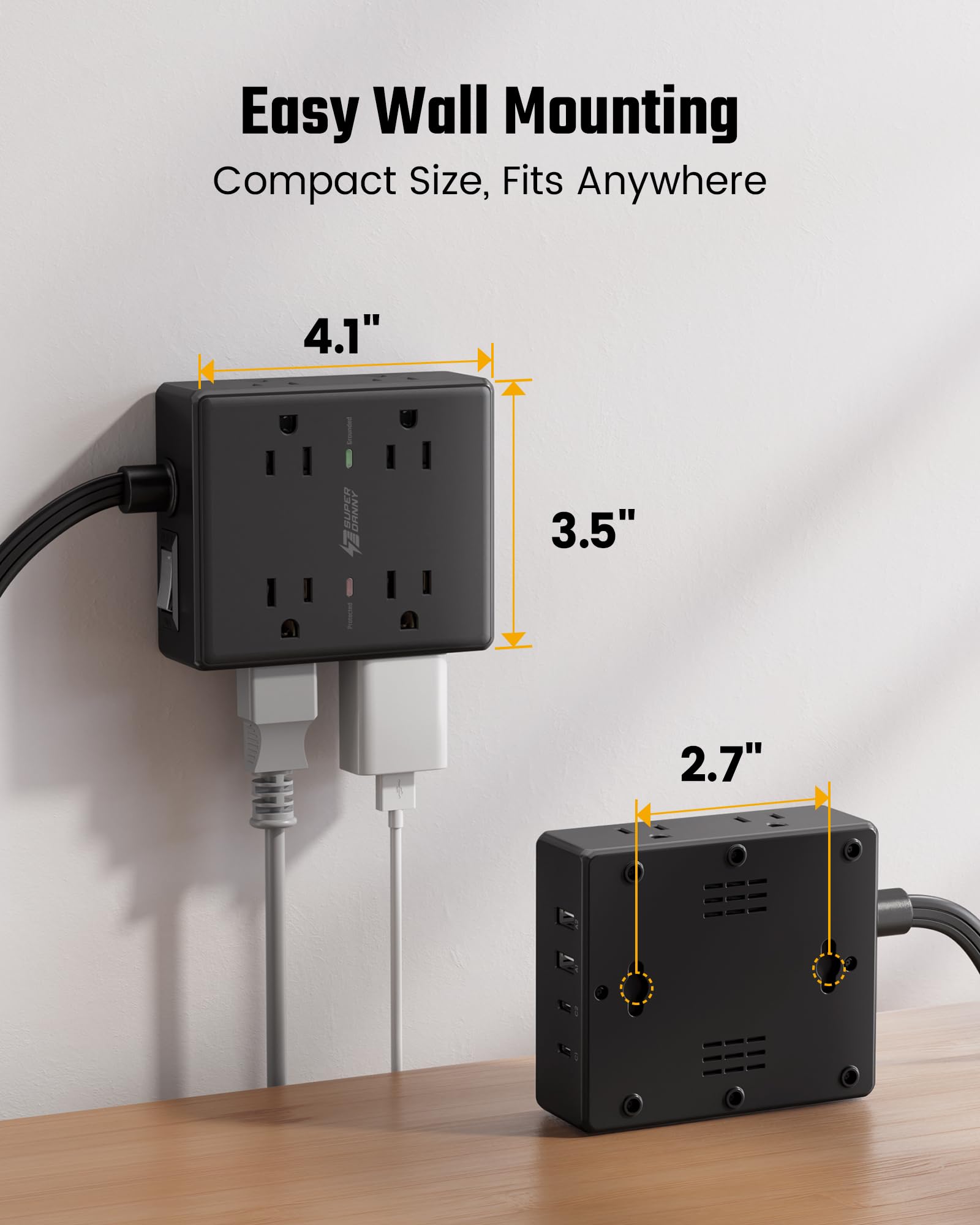 10Ft Extension Cord with Multiple Outlets, Flat Plug Surge Protector Power Strip 10 Ft Long Cord, 8 Outlets & 4 USB Ports (2 USB C), Desk Charging Station for Home Office, College Dorm Room Essentials