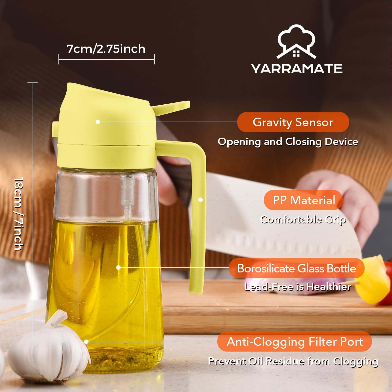 YARRAMATE 16oz/470ml Glass Olive Oil Sprayer for Cooking with Stickers, 2 in 1 Oil Dispenser for Kitchen Gadgets, Food Grade Premium Spray Bottle with Portion Control for Salad, Frying, BBQ (Black)