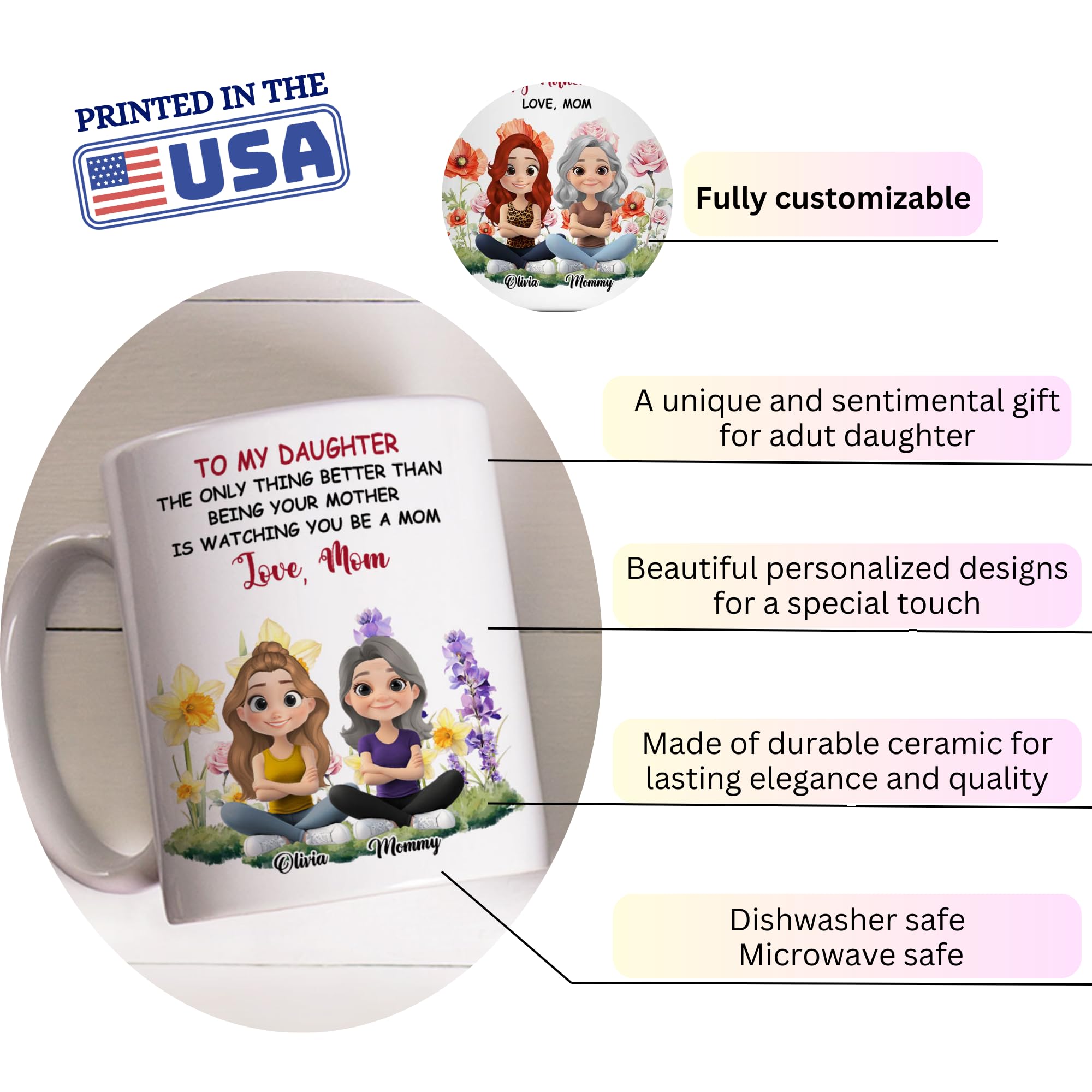 Wrappiness Personalized Mother Daughter Mug - Fuuny and Forever Love Between Mom and Her Girl Fully Customized Coffee Cup - Unique Gift for Mom and Daughter on Mothers Day, Birthday, 11oz/15oz Mug
