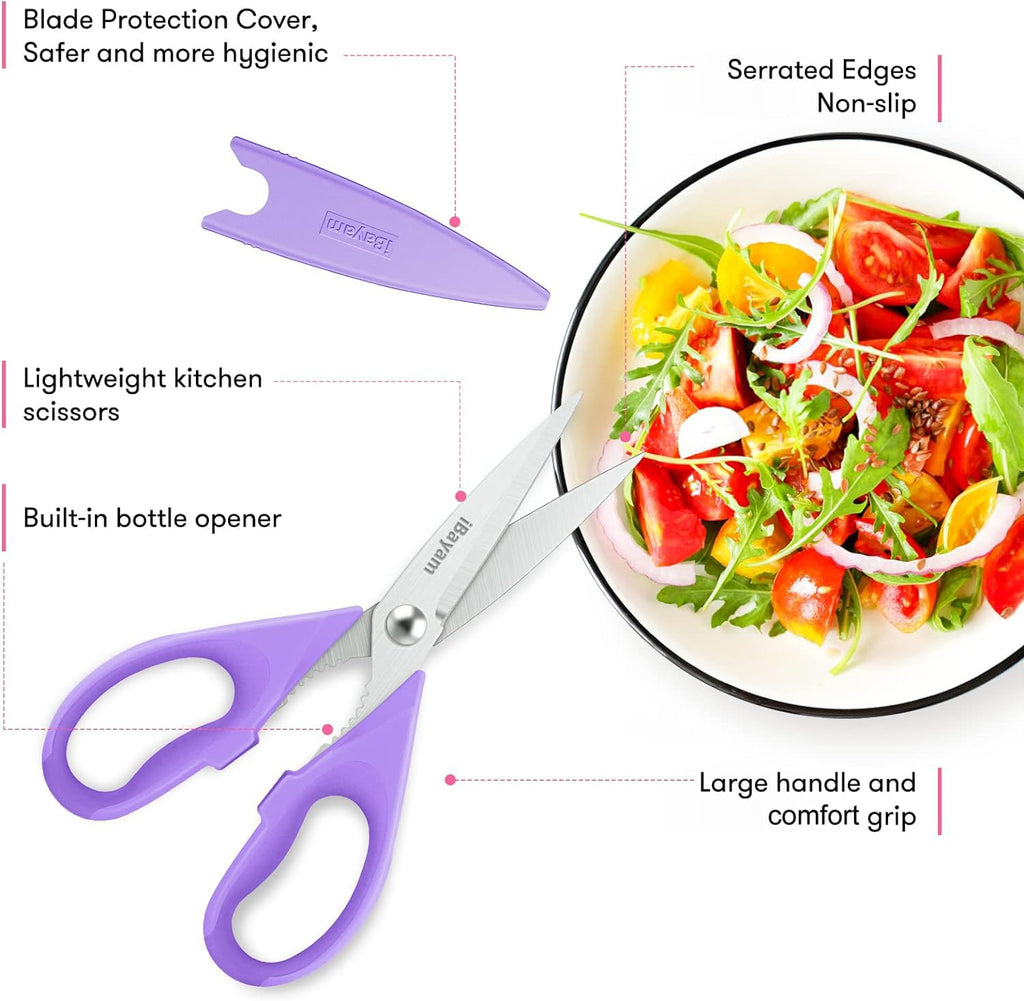 iBayam Kitchen Scissors All Purpose Heavy Duty 2 Pack with Protective Sheath, Stainless Steel Shears Kitchen Utensils Set for Cutting Food Cooking Meat Poultry Dishwasher Safe Soft Comfort-Grip