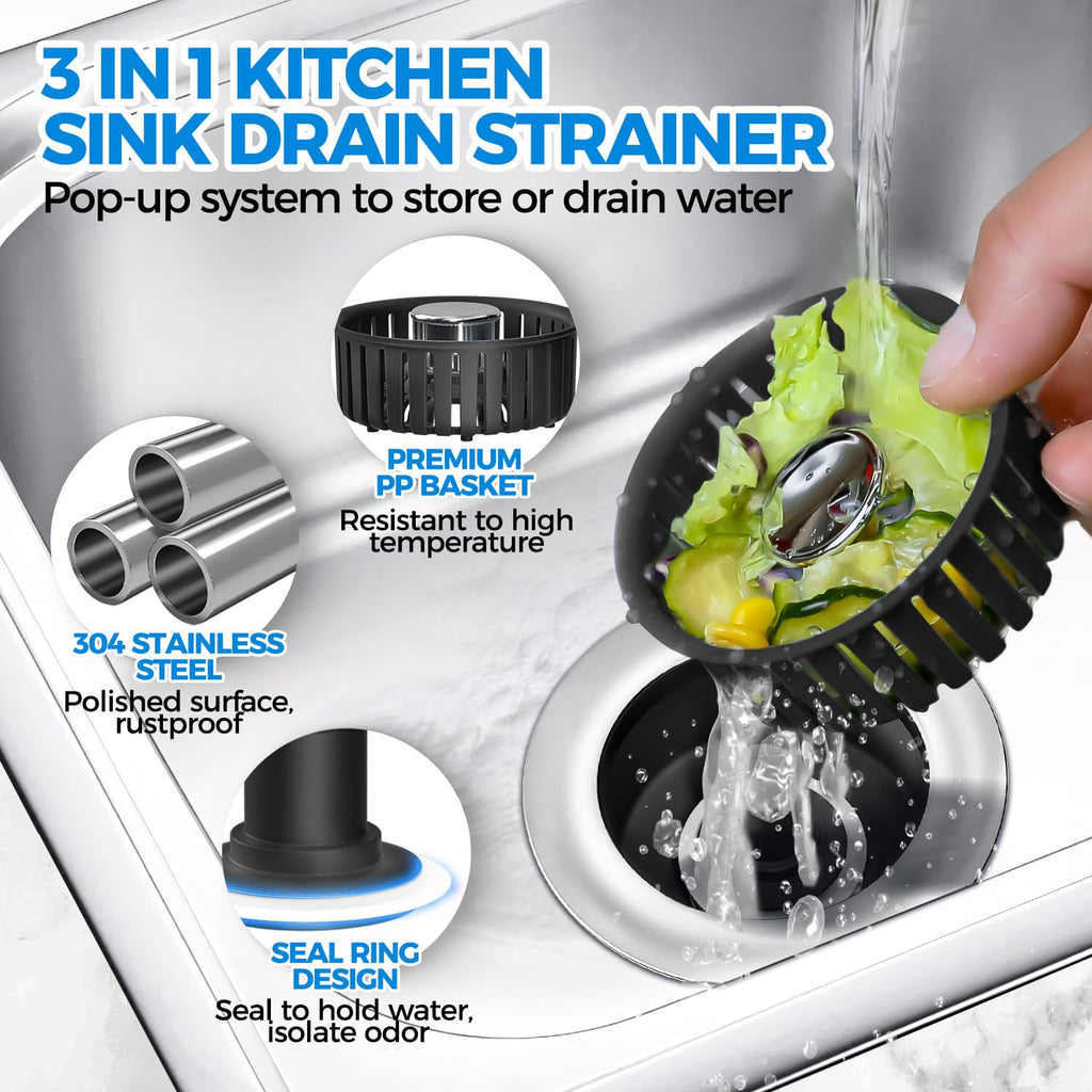 Sink Drain Strainer - Sink Stopper Kitchen Drain, 3 in 1 Kitchen Sink Drain Strainer with Anti-Clogging Basket, Kitchen Gadgets Clearance Sink Accessories, Fit US Standard 3-1/2'' Sink Hole, Silver