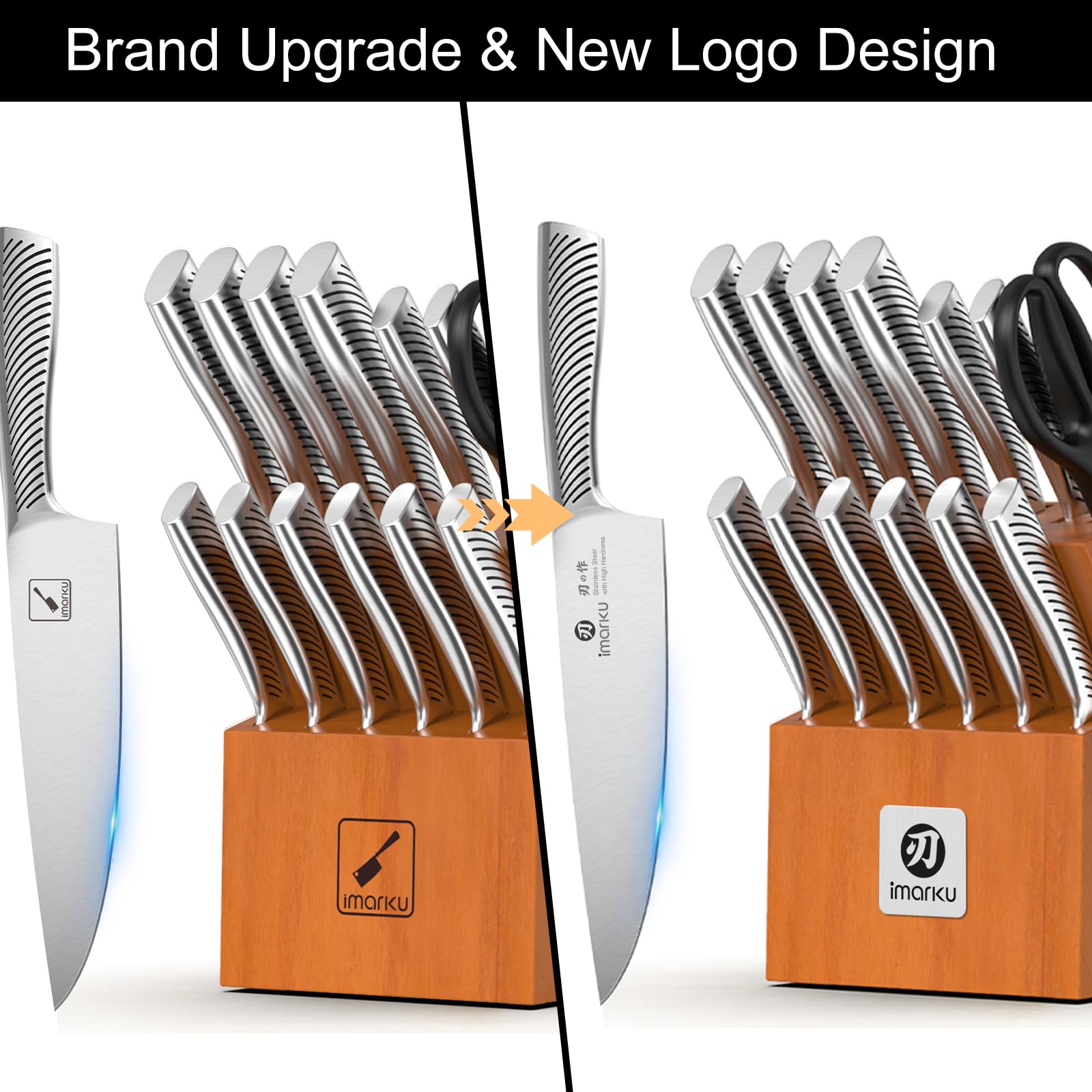 imarku 14-Piece Knife Set, Japanese Stainless Steel Knives Set for Kitchen, Full-Tang Gyutou Knife Sets with Block and Build-in Sharpener, Brown, Dishwasher Safe, House Warming Gifts for Mom
