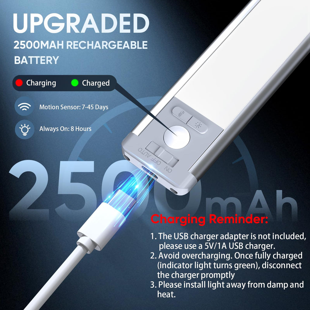 Under Cabinet Lighting, 14.7" Rechargeable Motion Sensor Light Indoor, 2 Pack Magnetic Dimmable Closet Lights, Wireless Under Counter Lights for Kitchen, Stairs,Hallway
