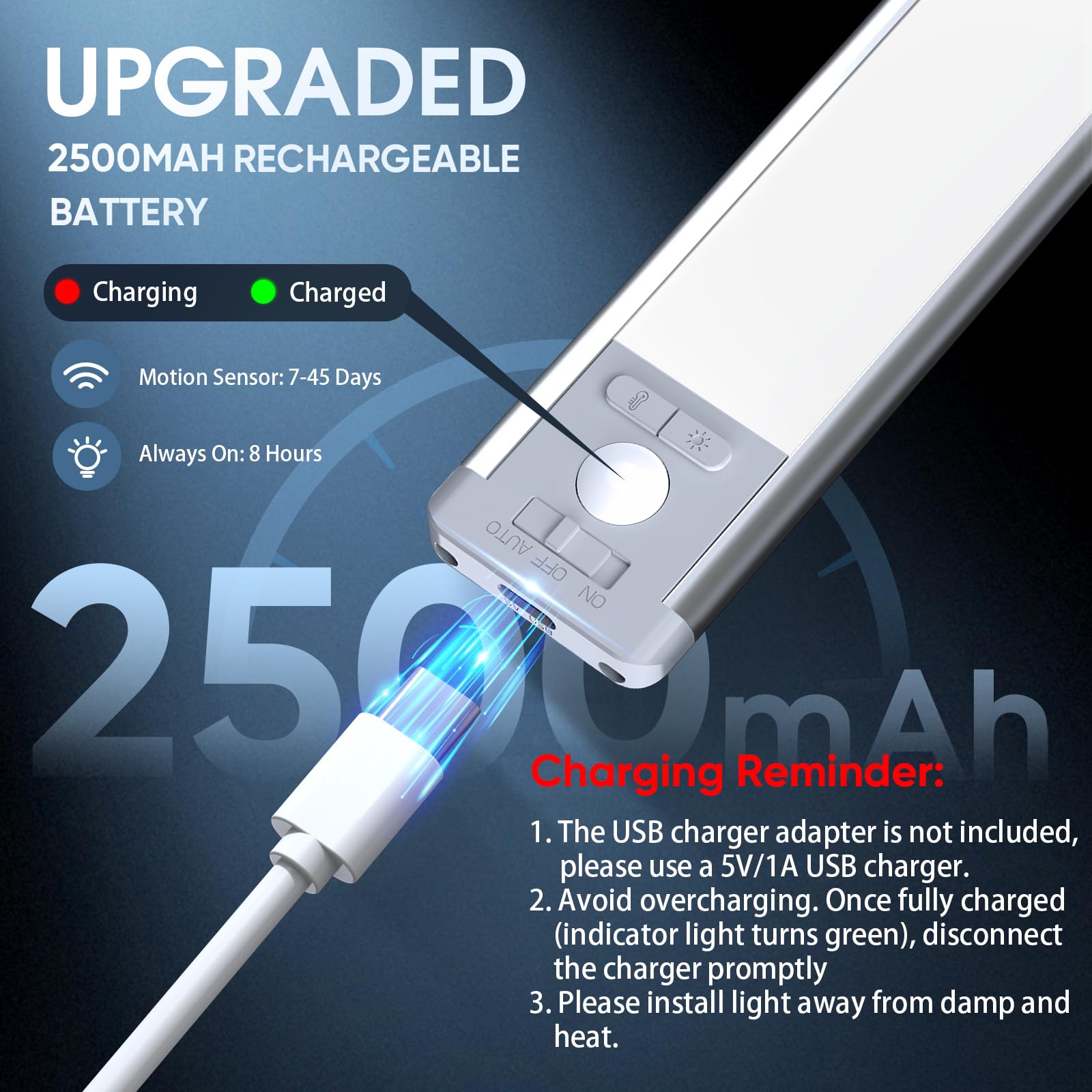 Under Cabinet Lighting, 14.7" Rechargeable Motion Sensor Light Indoor, 2 Pack Magnetic Dimmable Closet Lights, Wireless Under Counter Lights for Kitchen, Stairs,Hallway