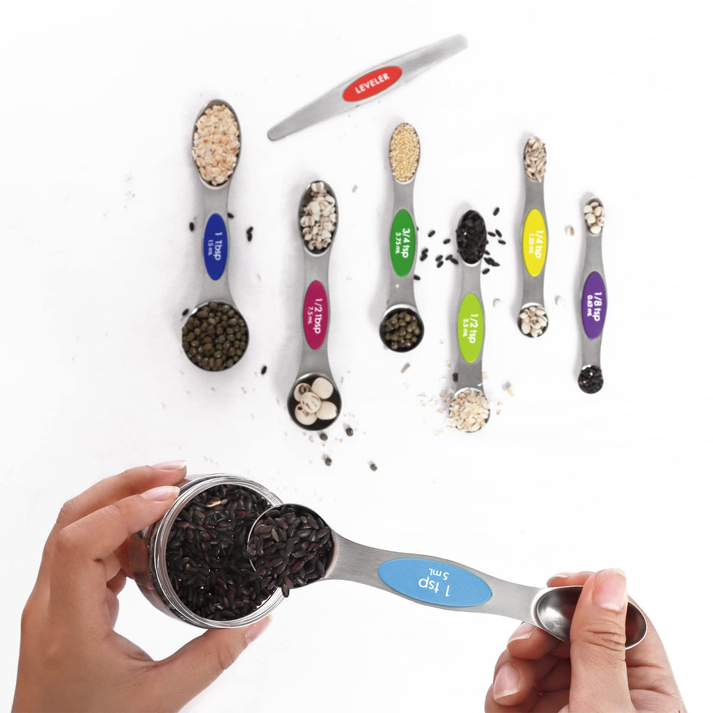 Magnetic Measuring Spoons Set Stainless Steel with Leveler, Stackable Metal Tablespoon Measure Spoon for Baking, Cups and Spoon Set Kitchen Gadgets Apartment Essentials Fits in Spice Jars