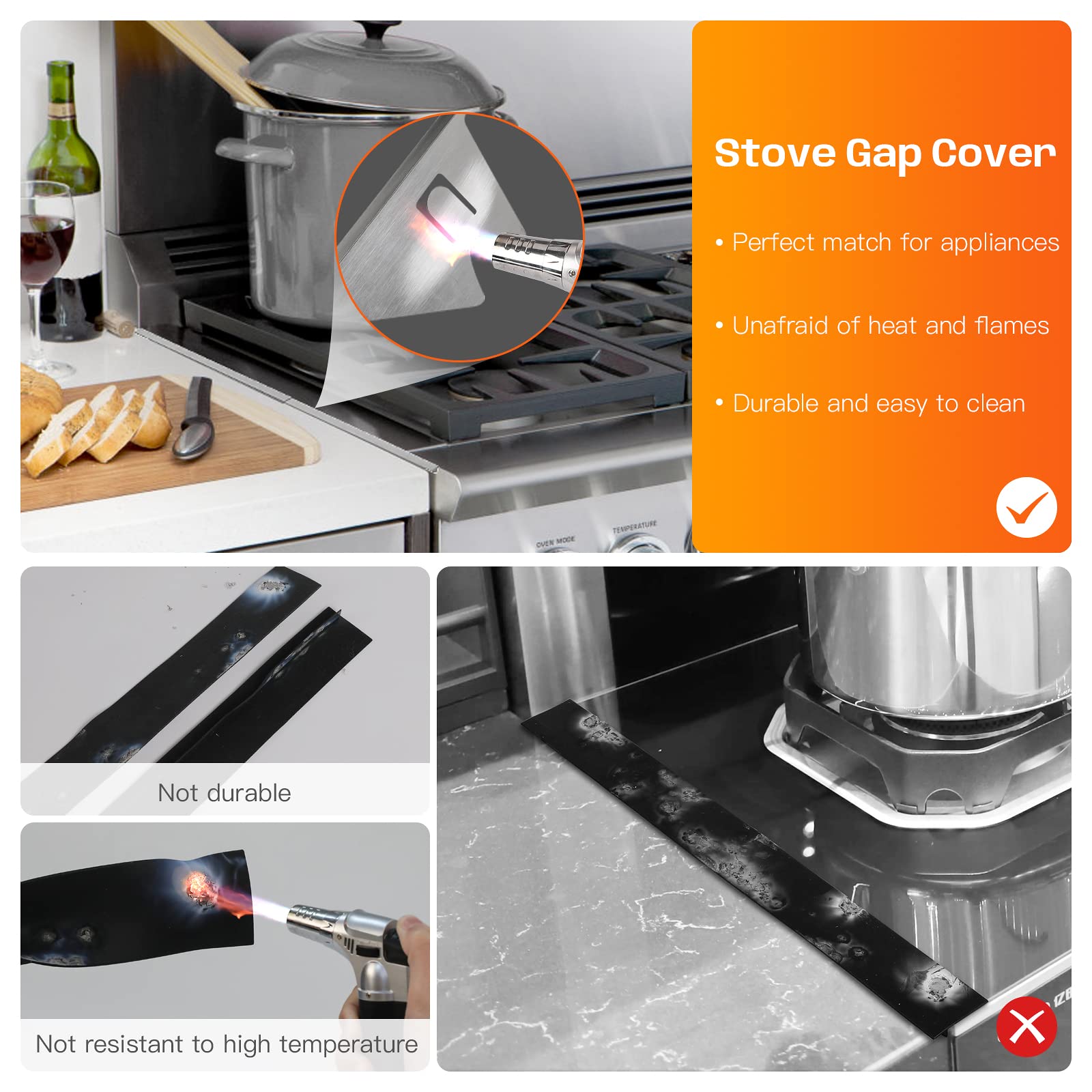Stainless Steel Stove Gap Covers,Stove Gap Filler, Range Trim Kit, Stove Gap Guards, Heat Resistant and Easy to Clean, Easy retractable Length 13.8" to 27.5", Width 0.79",Black(2PCS)