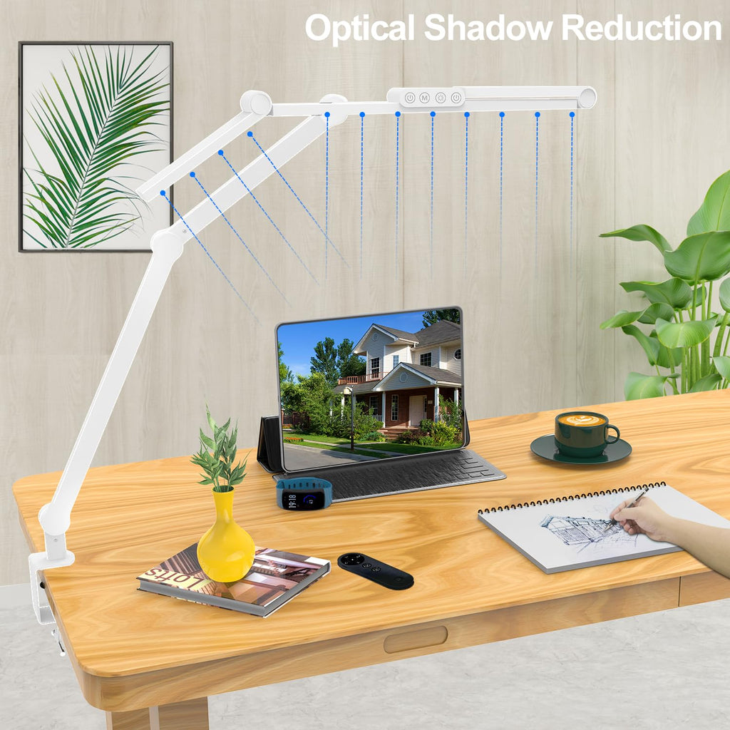 Micomlan Led Desk Lamp with Clamp, Architect Desk Lamp for Home Office with Atmosphere Lighting, 24W Ultra Bright Auto Dimming Computer Light Stepless Dimming and Tempering LED Table Light