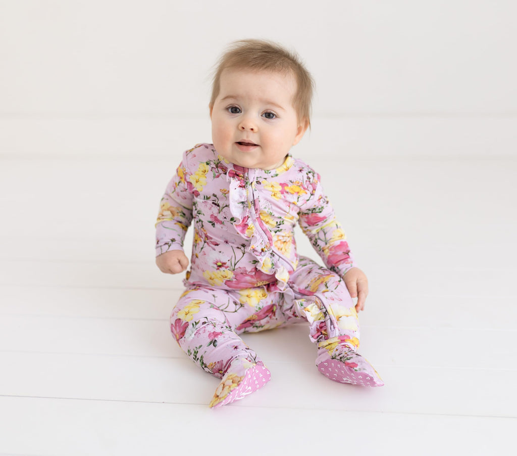 Posh Peanut Footie Pajamas for Baby Girls – Sleepers in Ultra-Soft Viscose from Bamboo with 2-Way Zipper & Ruffle Trim