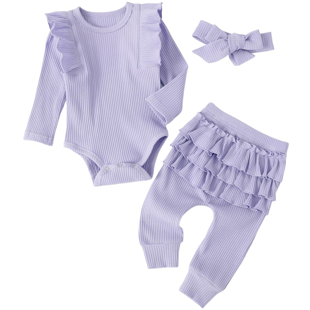 Fullfamous Baby Girl's 3pc Rib Frill Long Sleeve Romper and Pant Set