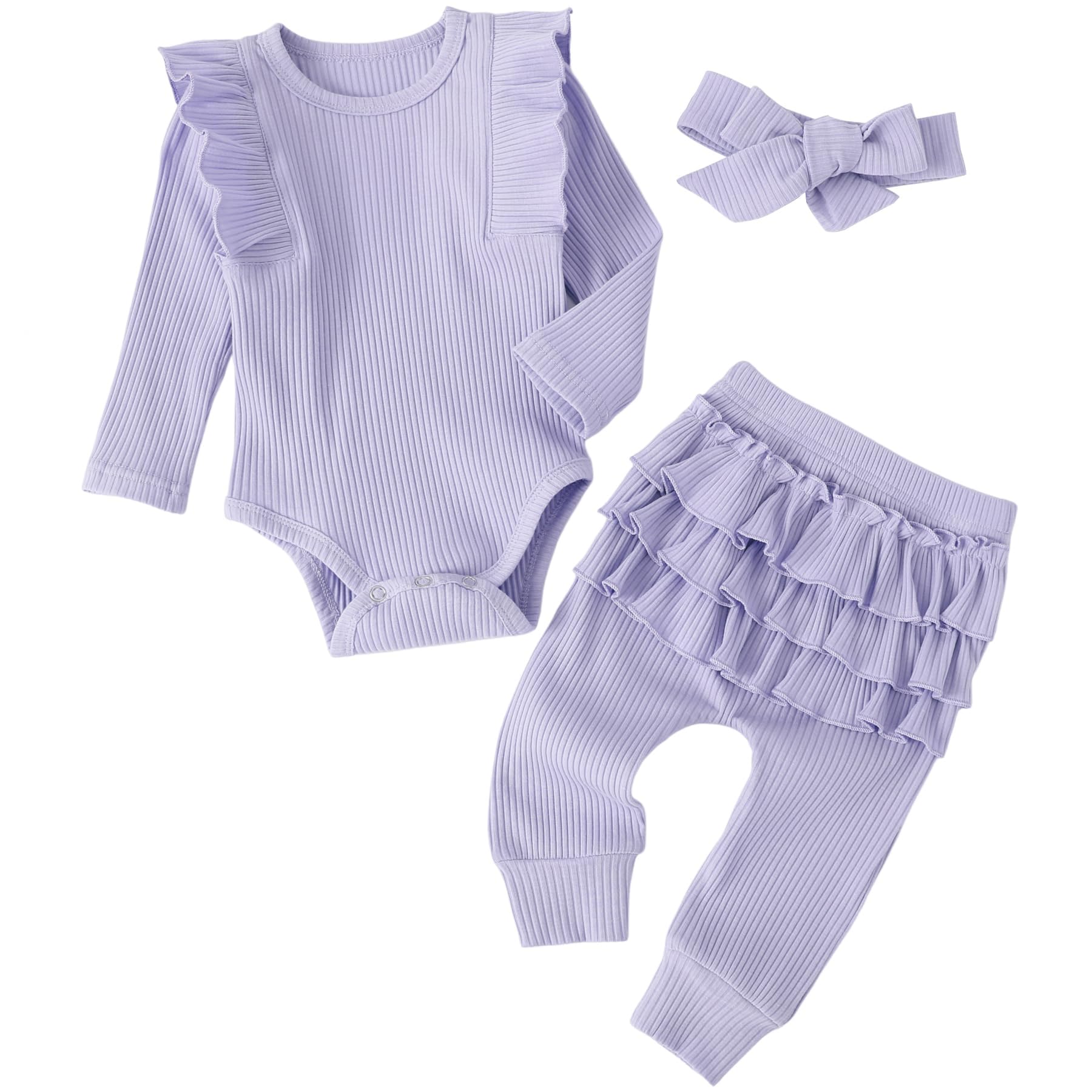 Fullfamous Baby Girl's 3pc Rib Frill Long Sleeve Romper and Pant Set