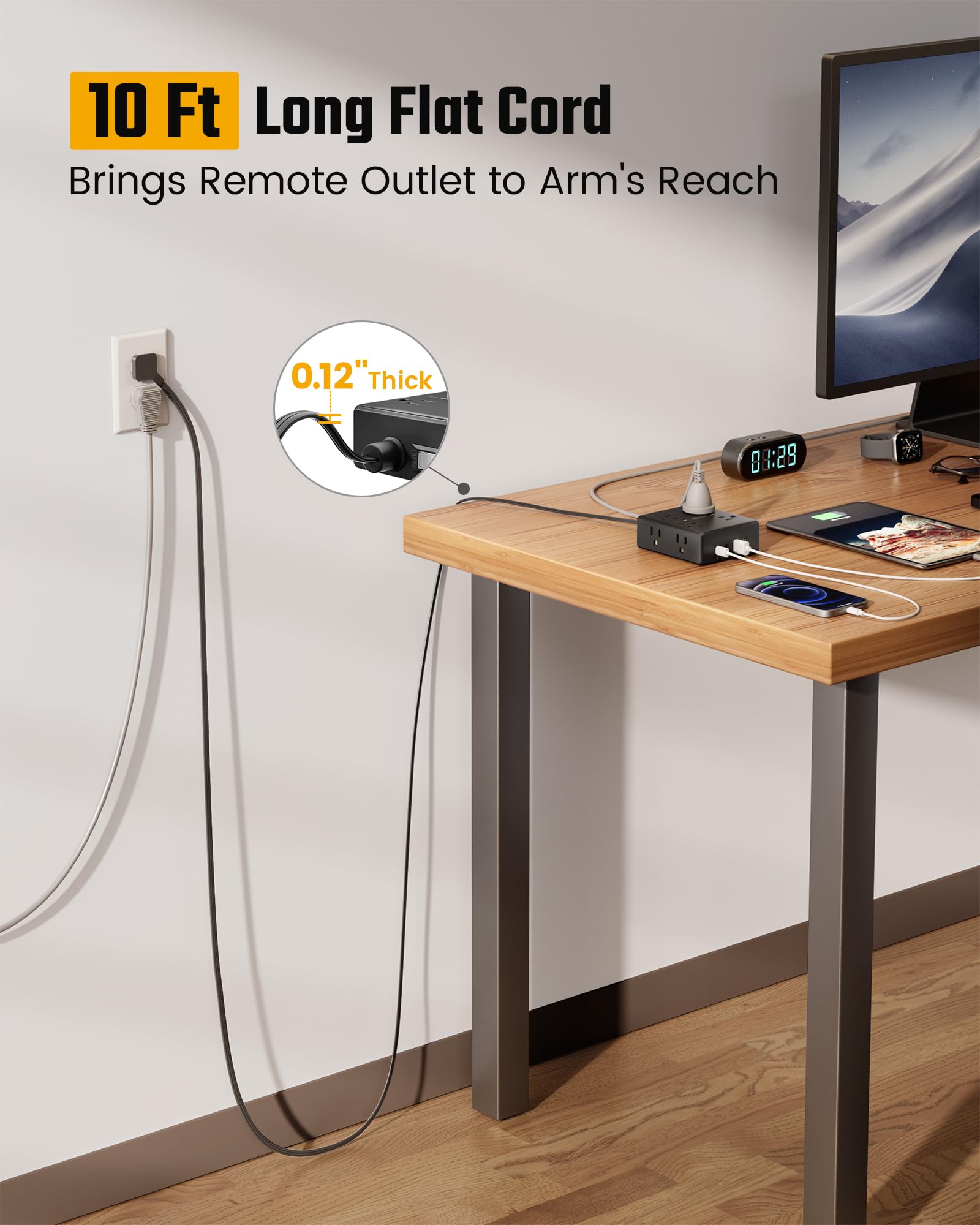 10Ft Extension Cord with Multiple Outlets, Flat Plug Surge Protector Power Strip 10 Ft Long Cord, 8 Outlets & 4 USB Ports (2 USB C), Desk Charging Station for Home Office, College Dorm Room Essentials