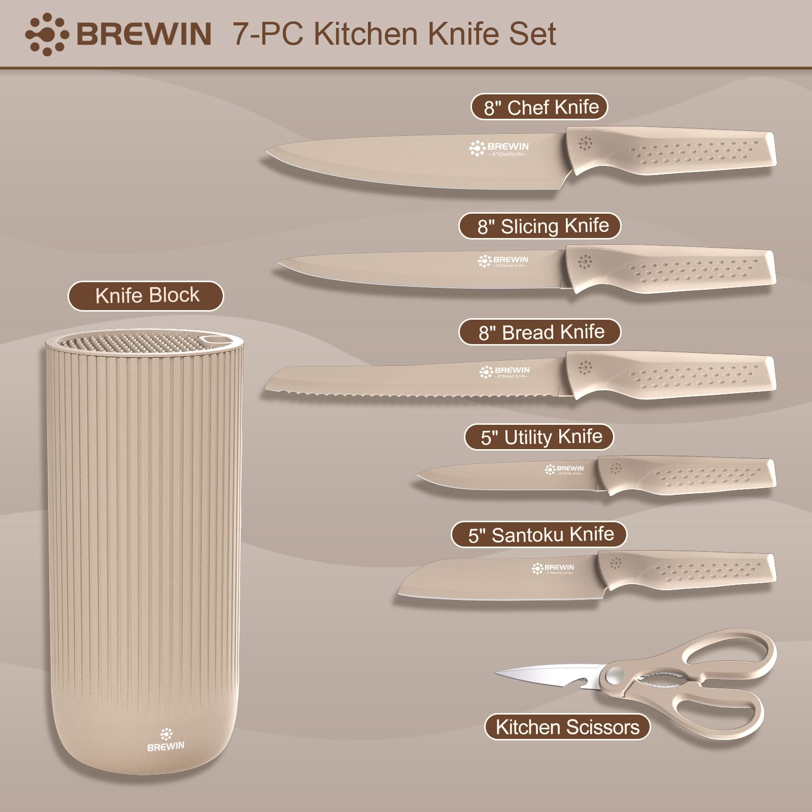 Knife Set, Brewin Kitchen Knife Set, Knives Set for Kitchen, Universal Knife Block, Utility Knife Block Set, New Home Essentials, Apartment Essentials, Dishwasher Safe