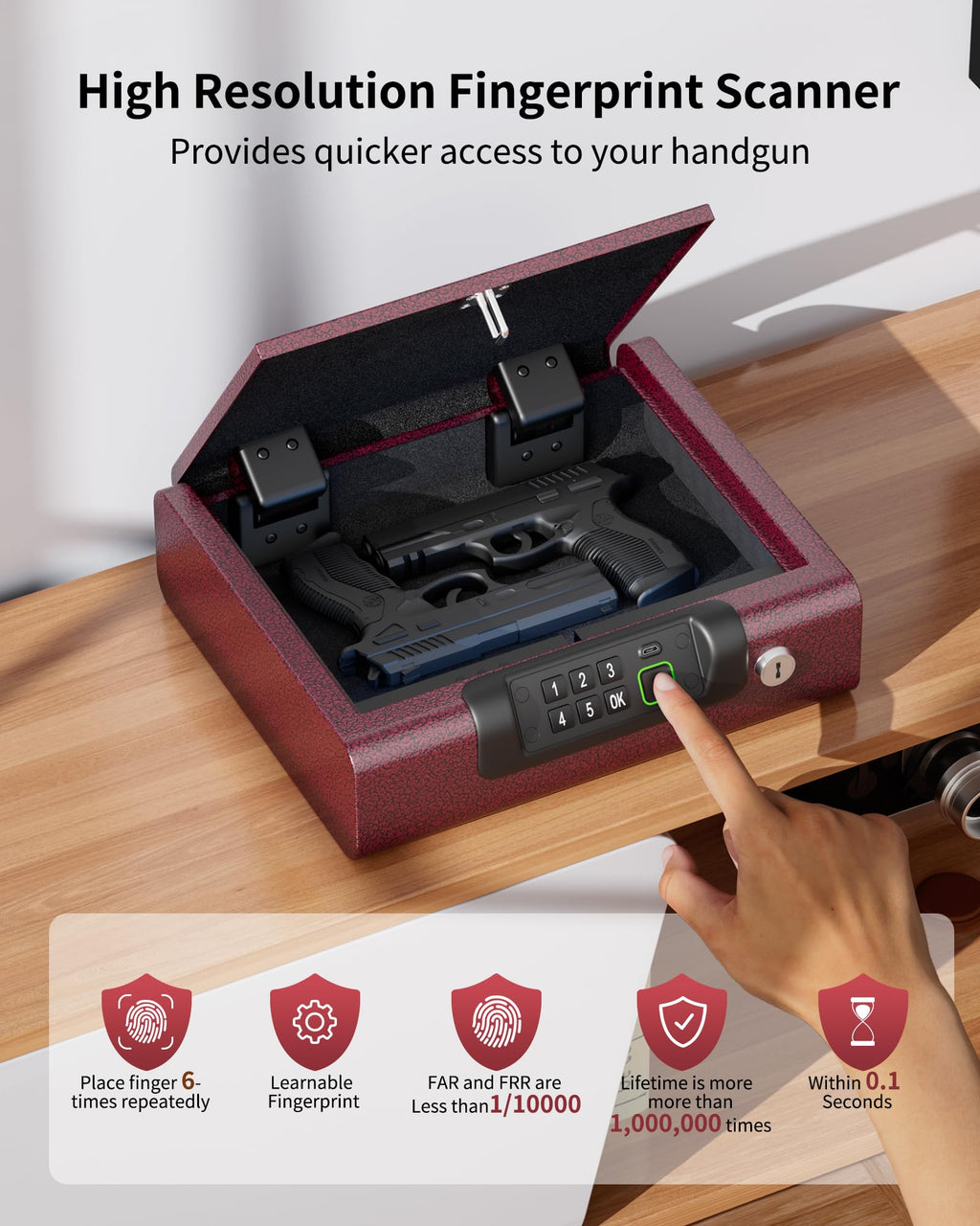 Biometric Gun Safe for Pistols 3-Ways unlock Fingerprint Digital PIN Key Unlock Handgun Safe with Sound, Lock box for Cloakroom living room Bedroom Nightstand and Car BILLCONCH