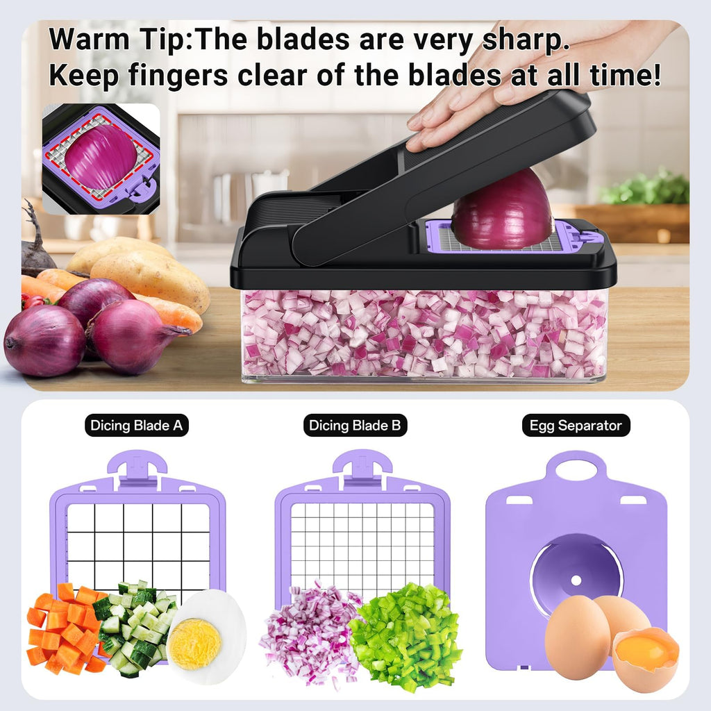 SpaceHacks 12-in-1 Vegetable Chopper, Kitchen Gadgets with 7 Blades, Veggie, Food, Onion Chopper, Cucumber Slicer, Versatile Mandoline, Includes Egg Separator & Finger Guard, Gray
