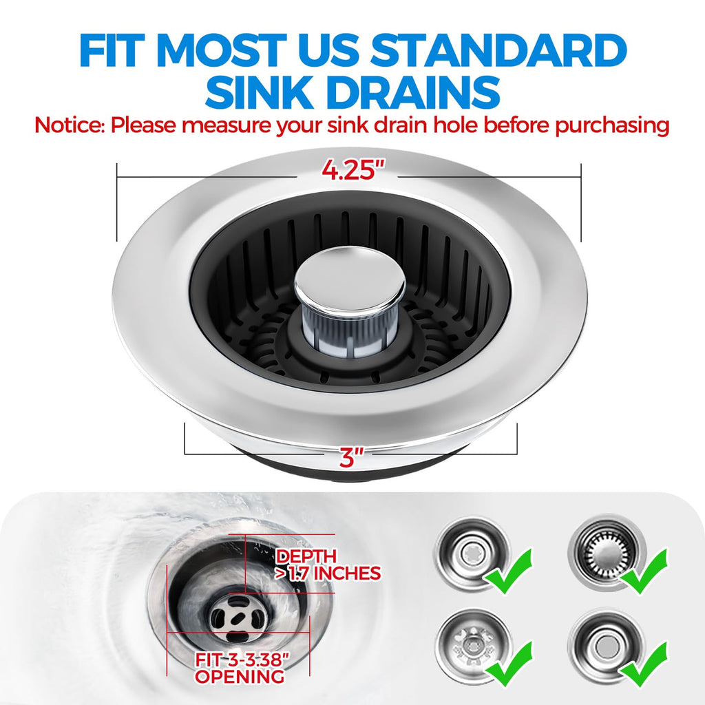 Sink Drain Strainer - Sink Stopper Kitchen Drain, 3 in 1 Kitchen Sink Drain Strainer with Anti-Clogging Basket, Kitchen Gadgets Clearance Sink Accessories, Fit US Standard 3-1/2'' Sink Hole, Silver