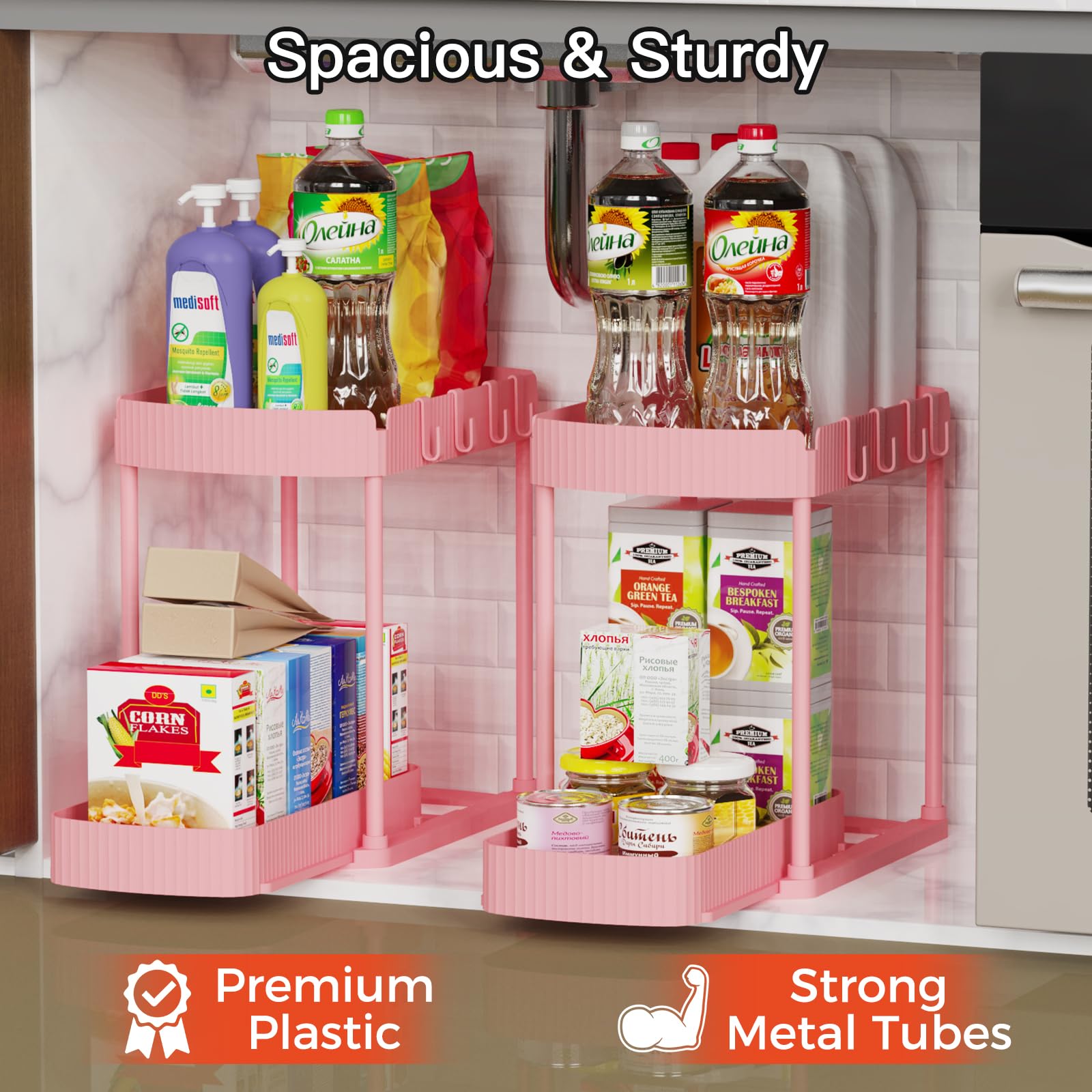 Ukeetap Multi-Purpose Pull-Out Storage Organizers, Under Sink/Cabinet Organizers and Storage for Bathroom & Kitchen, Black, 12.8 Inches, 2 Packs