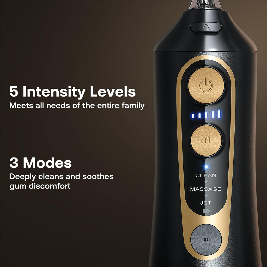 Bitvae Water Dental Flosser for Teeth, Cordless Water Teeth Cleaner Picks, 3 Modes 5 Intensities, IPX7 Waterproof, Rechargeable Water Dental Picks for Cleaning - Black