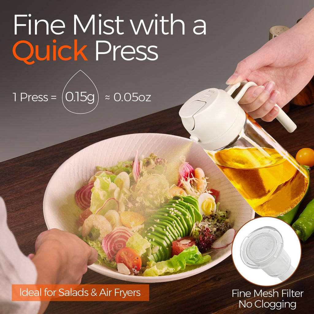 YARRAMATE 16oz/470ml Glass Olive Oil Sprayer for Cooking with Stickers, 2 in 1 Oil Dispenser for Kitchen Gadgets, Food Grade Premium Spray Bottle with Portion Control for Salad, Frying, BBQ (Black)