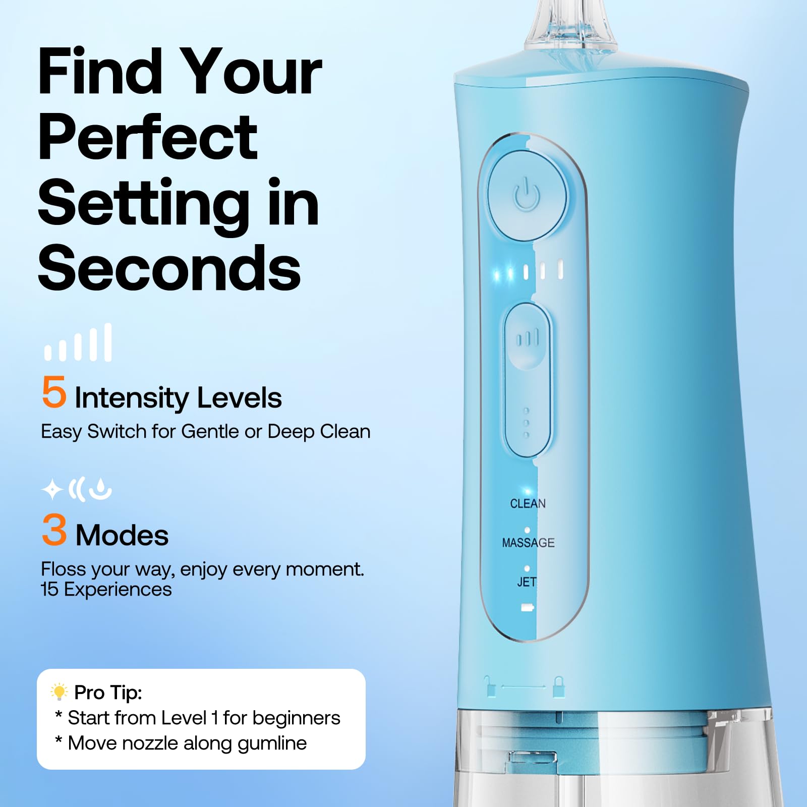 Bitvae Water Dental Flosser for Teeth, Cordless Water Teeth Cleaner Picks, 3 Modes 5 Intensities, IPX7 Waterproof, Rechargeable Water Dental Picks for Cleaning - Black