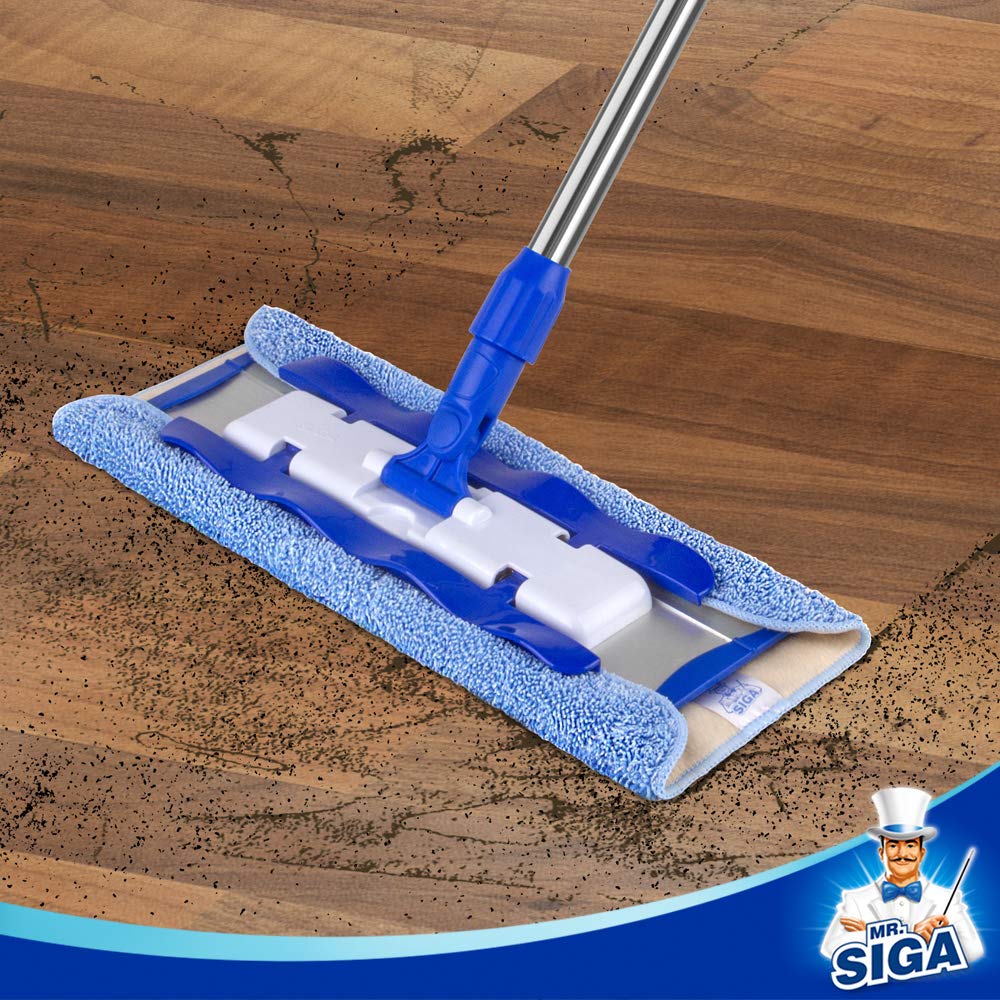 MR.SIGA Professional Microfiber Mop for Hardwood, Laminate, Tile Floor Cleaning, Stainless Steel Telescopic Handle - 3 Reusable Flat Mop Refills and 1 Dirt Removal Scrubber Included