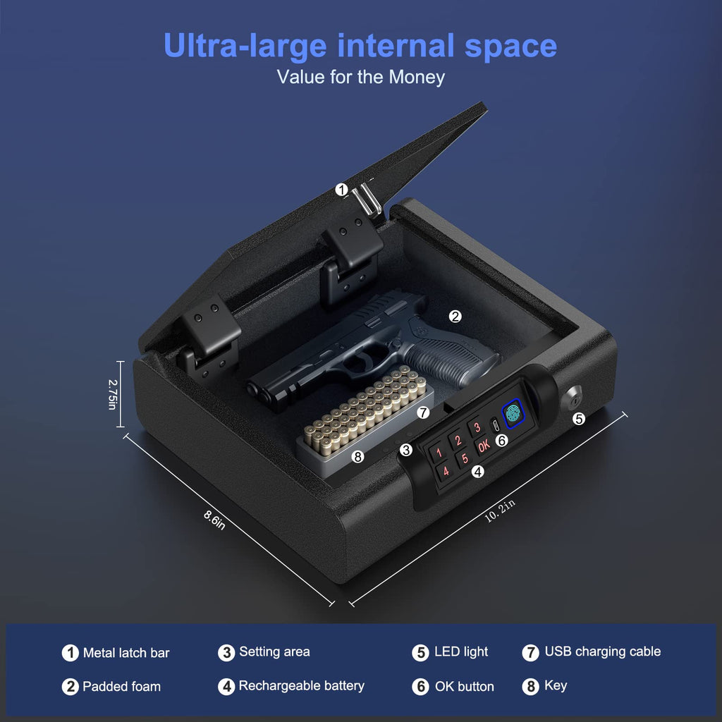 Biometric Gun Safe for Pistols 3-Ways unlock Fingerprint Digital PIN Key Unlock Handgun Safe with Sound, Lock box for Cloakroom living room Bedroom Nightstand and Car BILLCONCH