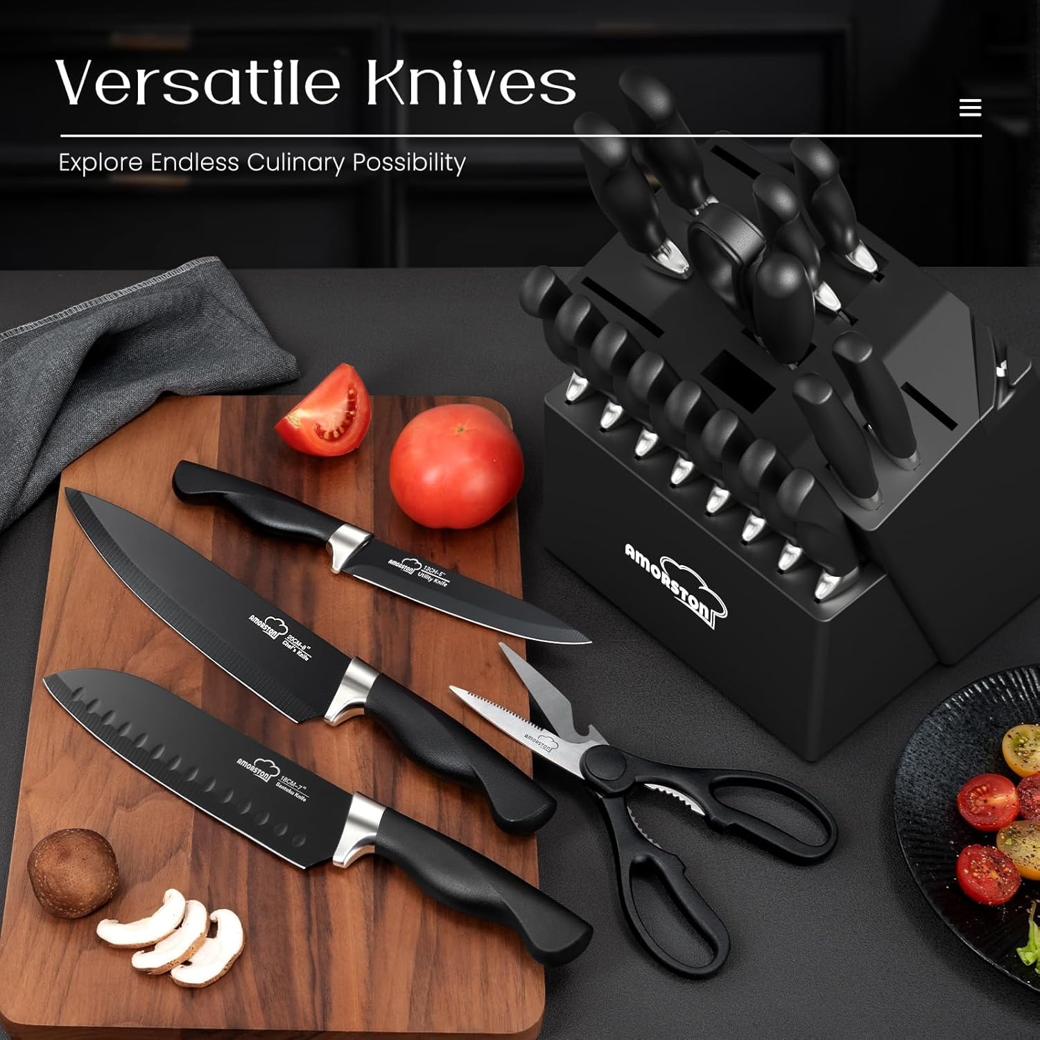 Knife Set, Amorston 21 Pieces Kitchen Knife Set with Block and Sharpener, Ultra-Sharp Knives Set with Ergonomic Handles, Black German Stainless Steel Knife Block Set, Dishwasher Safe