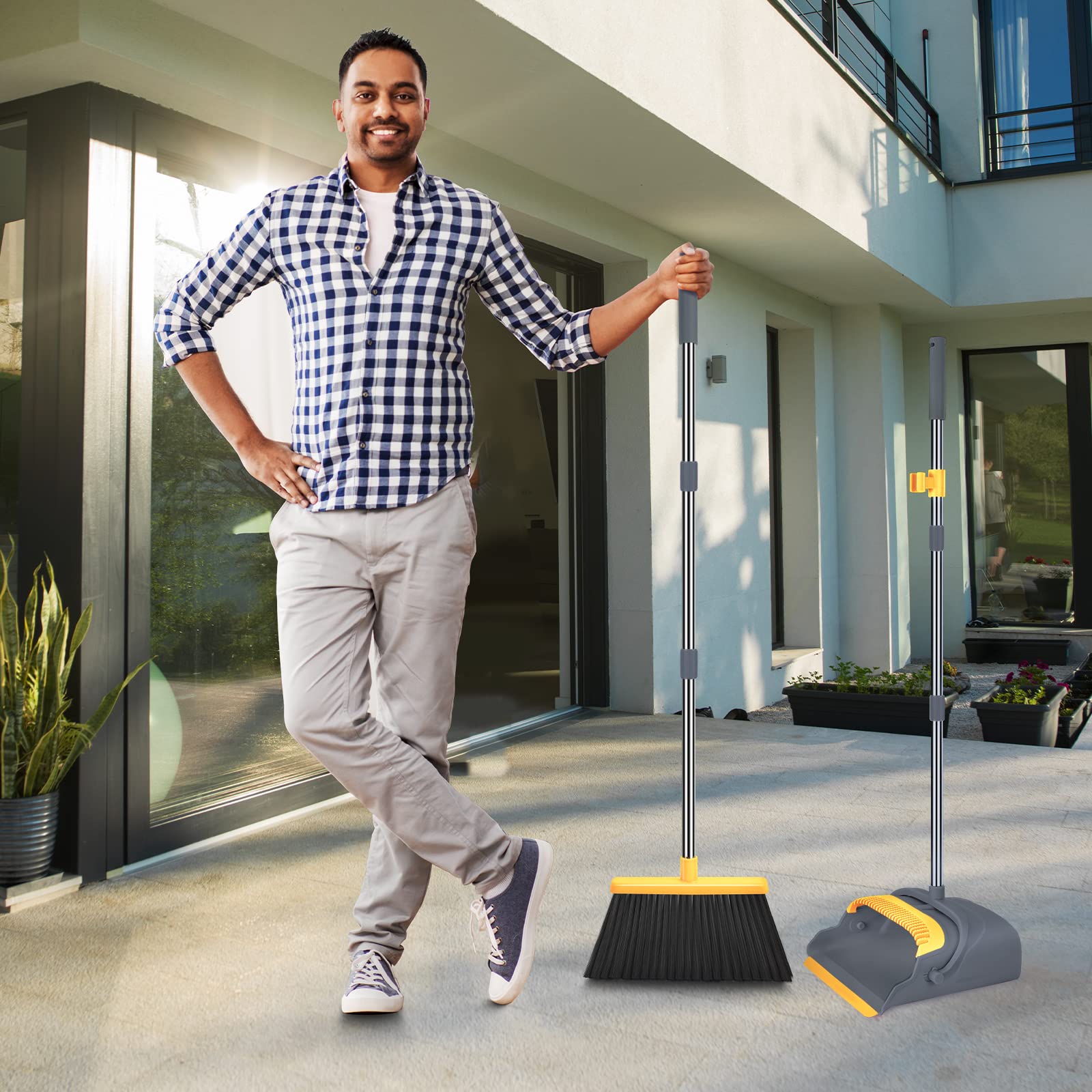 Upgrade Broom and Dustpan Set, Self-Cleaning with Dustpan Teeth, Indoor&Outdoor Sweeping, Ideal for Dog Cat Pets Home Use, Stand Up Broom and Dustpan (Gray&Orange)