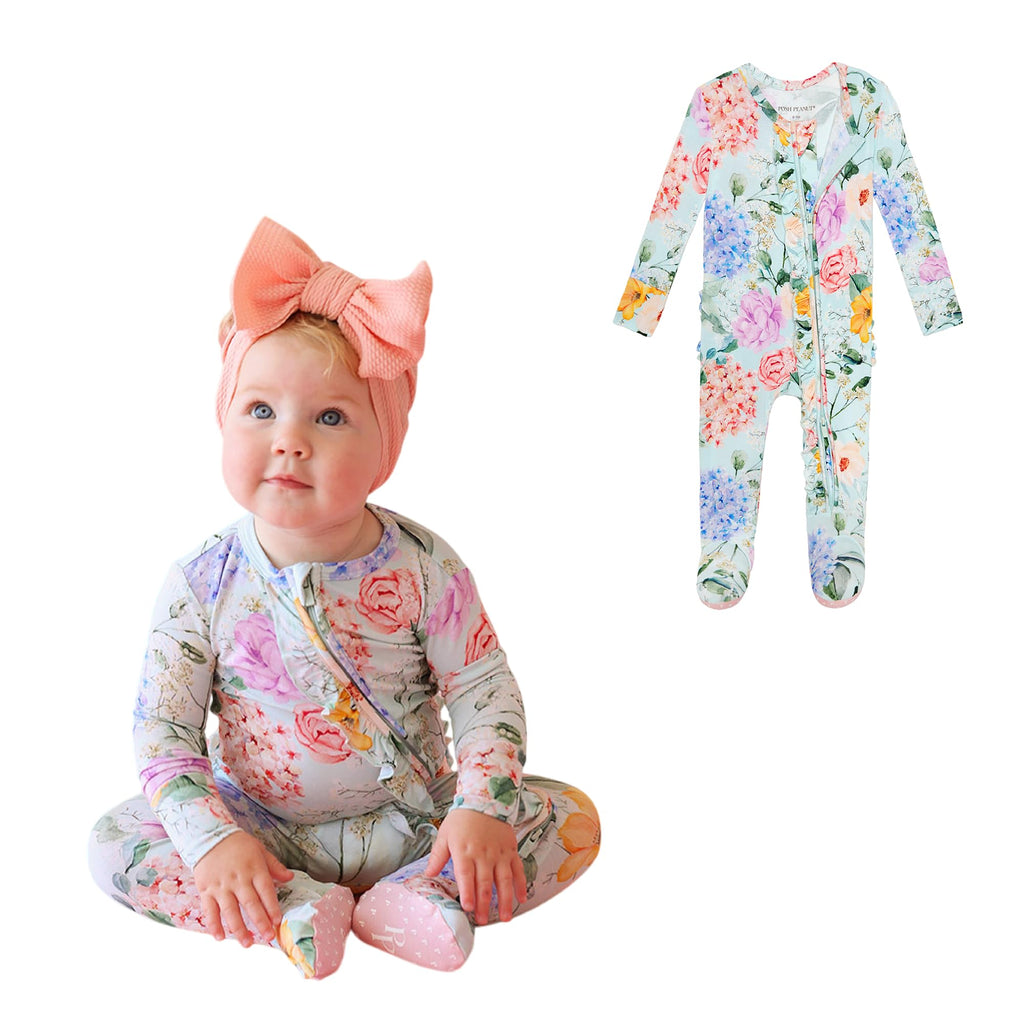 Posh Peanut Footie Pajamas for Baby Girls – Sleepers in Ultra-Soft Viscose from Bamboo with 2-Way Zipper & Ruffle Trim