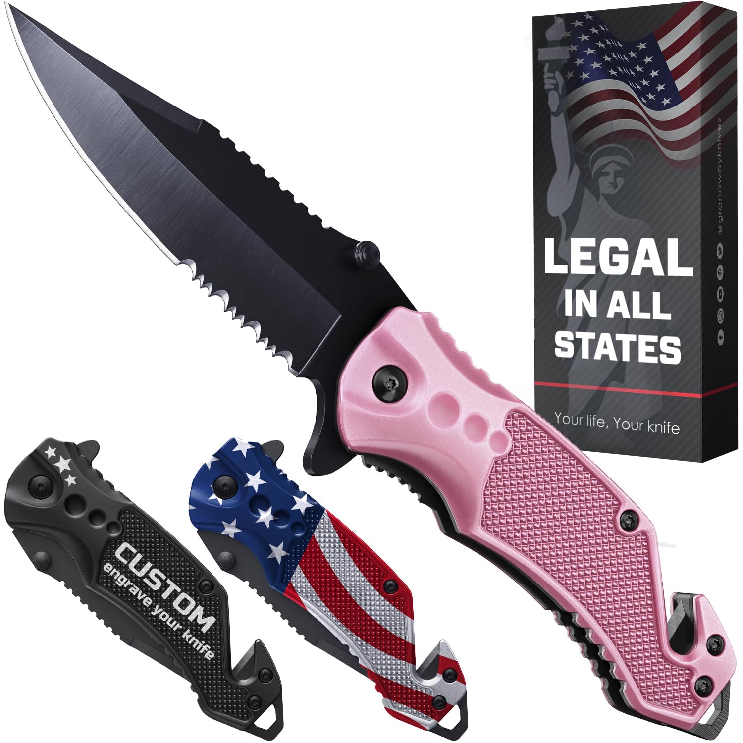 GOOD WORKER Legal Pocket Knife with 2.95” Serrated Blade, Glass Breaker, Seat Belt Cutter - EDC Sharp Folding Knives with Portable Clip - Small Tool for Tactical Camping Survival Hiking - Gifts for Men, Women